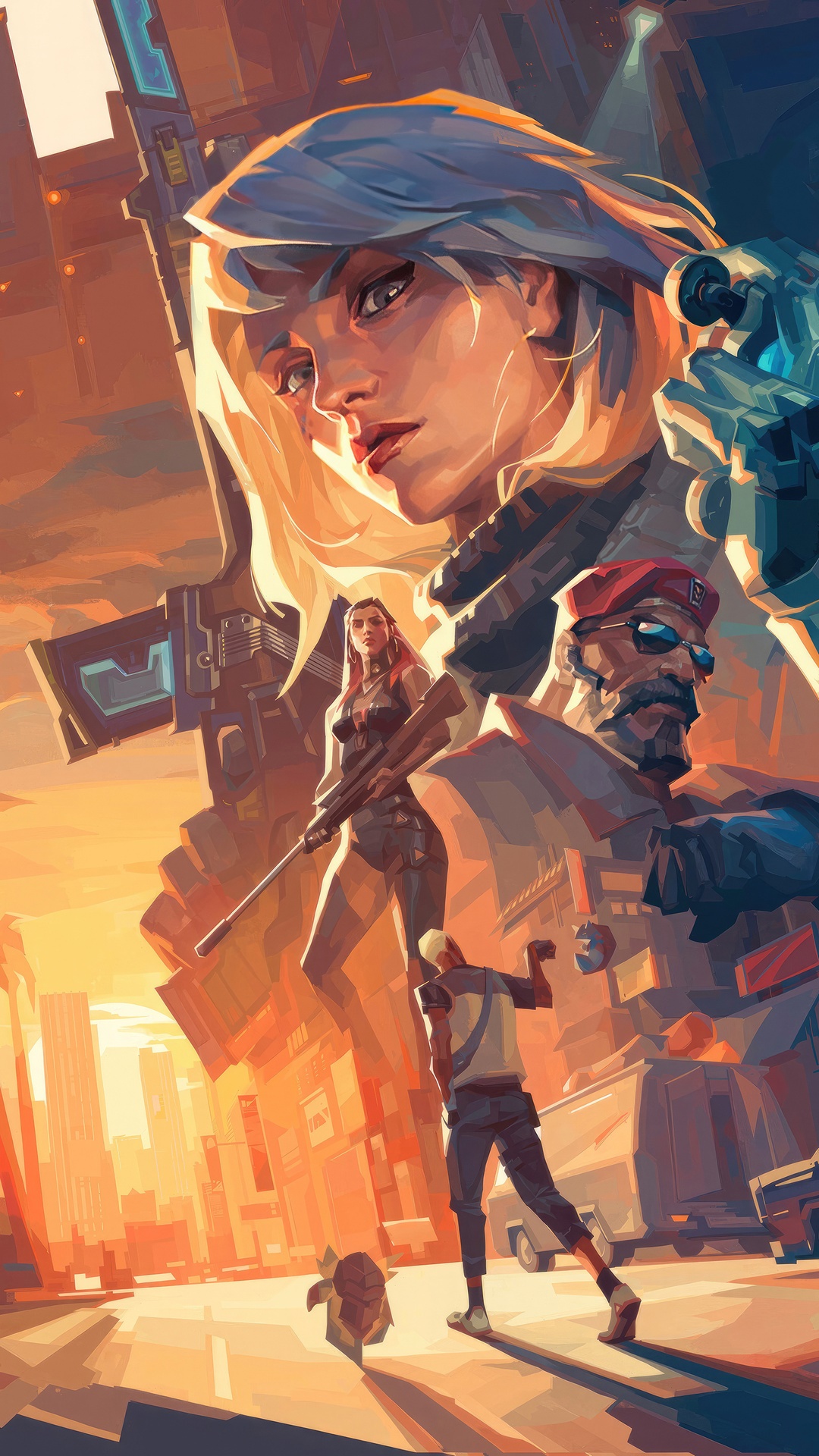 Valorant characters in a city at sunset HD Phone Wallpaper