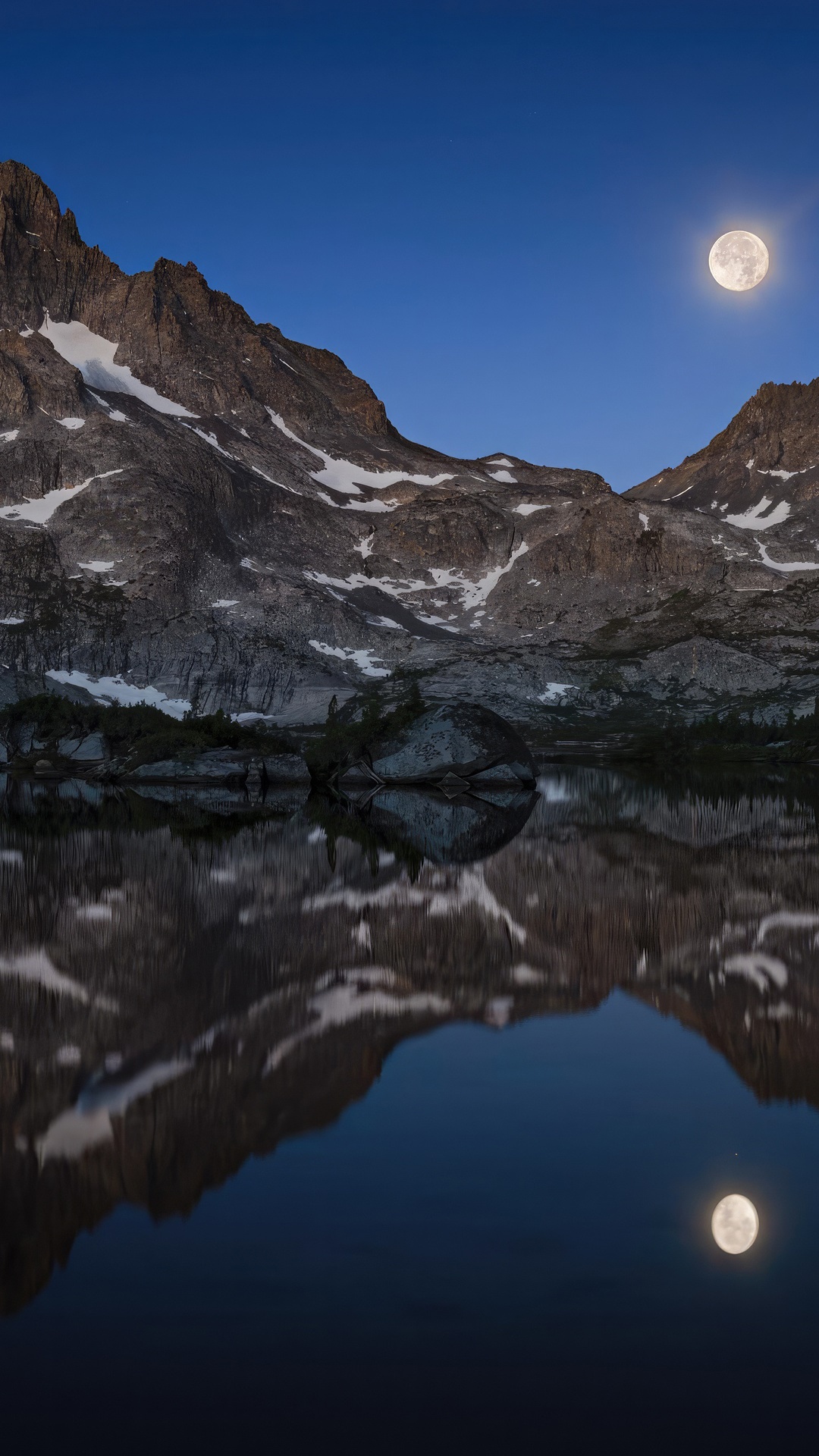 Moonlit Mountains Reflected in a Calm Lake HD Phone Wallpaper