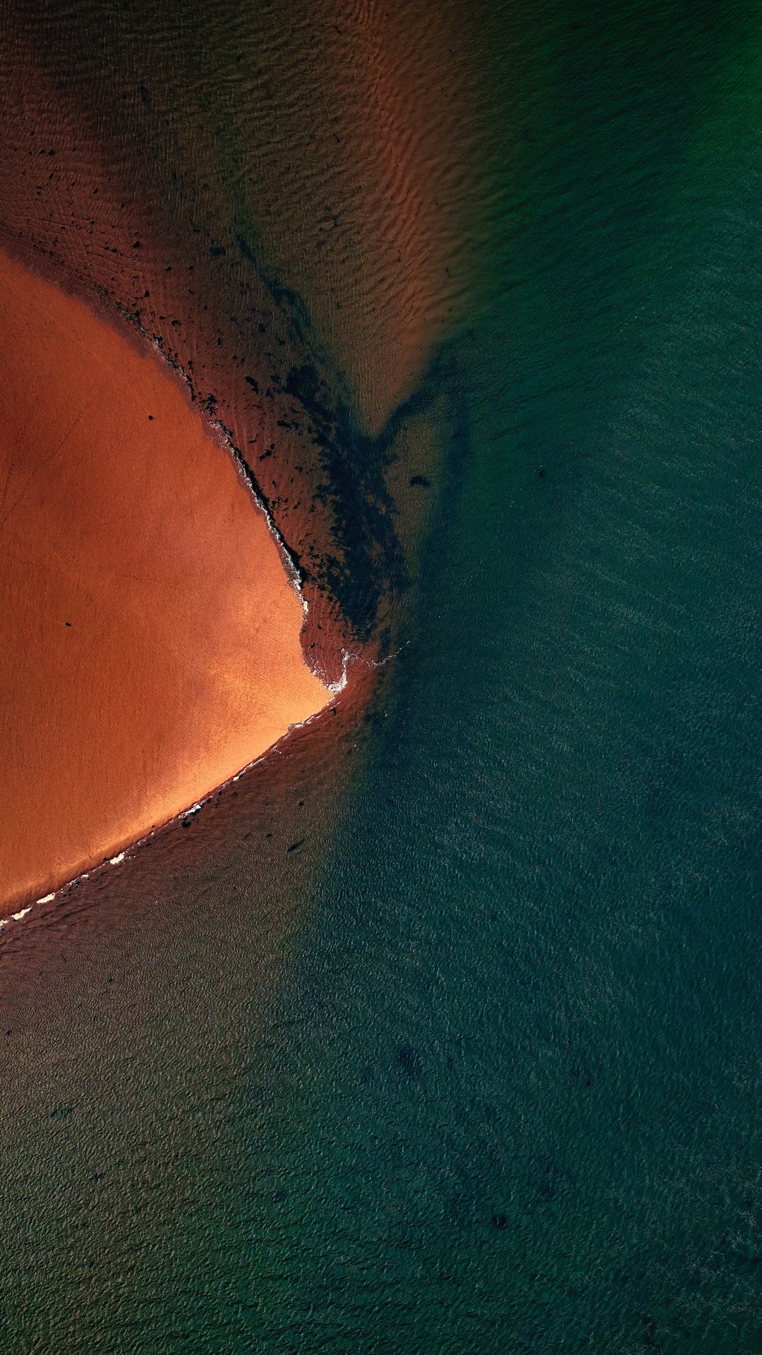Aerial view of a sandy beach meeting dark water HD Phone Wallpaper
