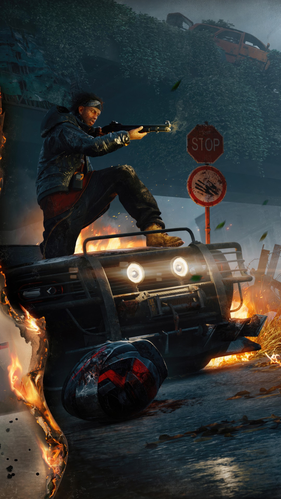 Undawn character with shotgun on a burning vehicle HD Phone Wallpaper