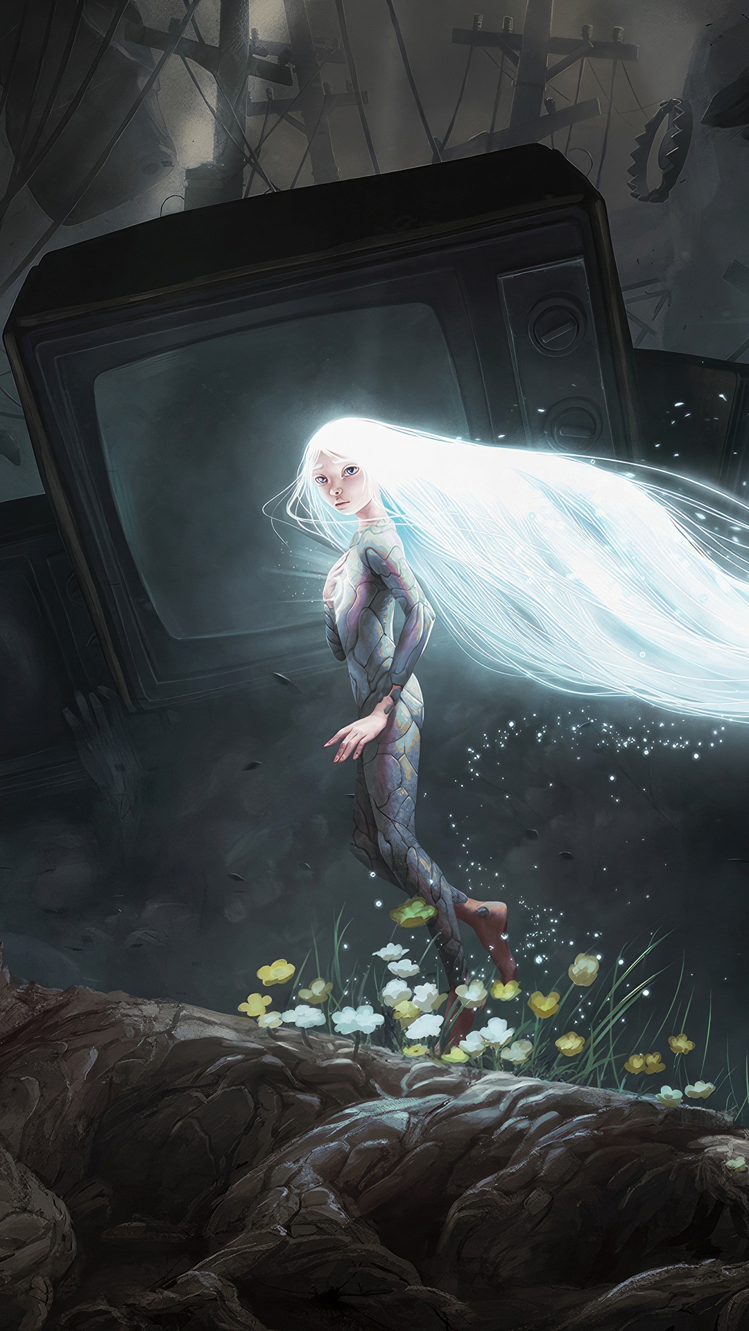 Girl with glowing hair near old TVs HD Phone Wallpaper
