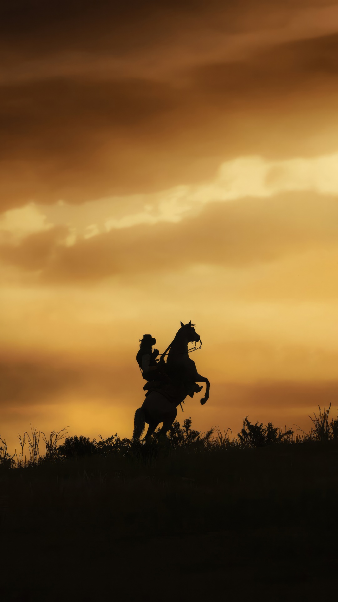Red Dead Redemption 2 cowboy on horseback at sunset HD Phone Wallpaper