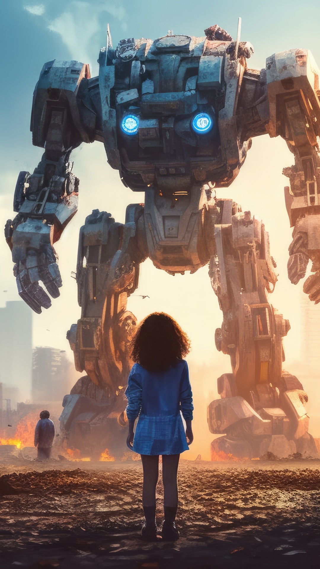 Girl and giant robot in a desolate landscape HD Phone Wallpaper
