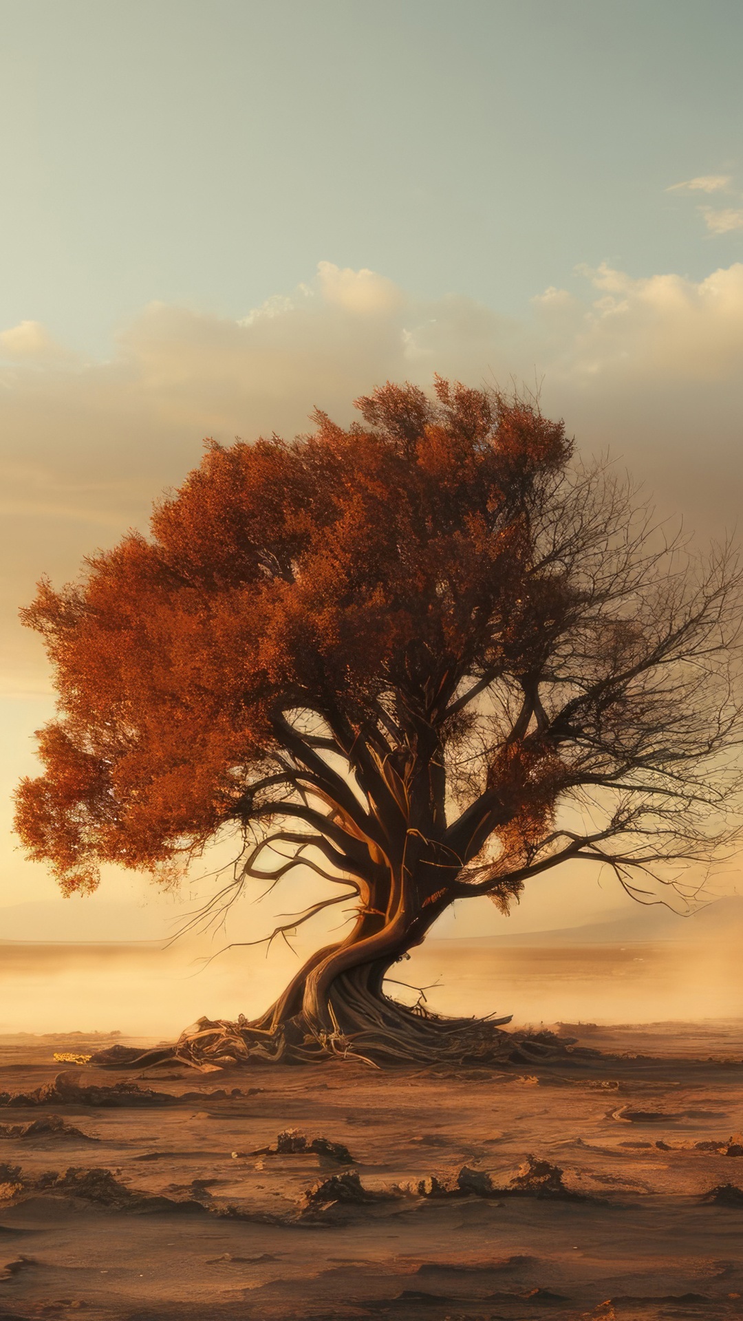 Digital artwork of a solitary tree in a desert landscape HD Phone Wallpaper
