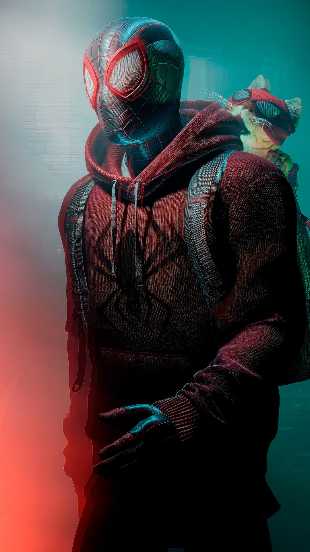 Spider-Man Miles Morales with a cat HD Phone Wallpaper