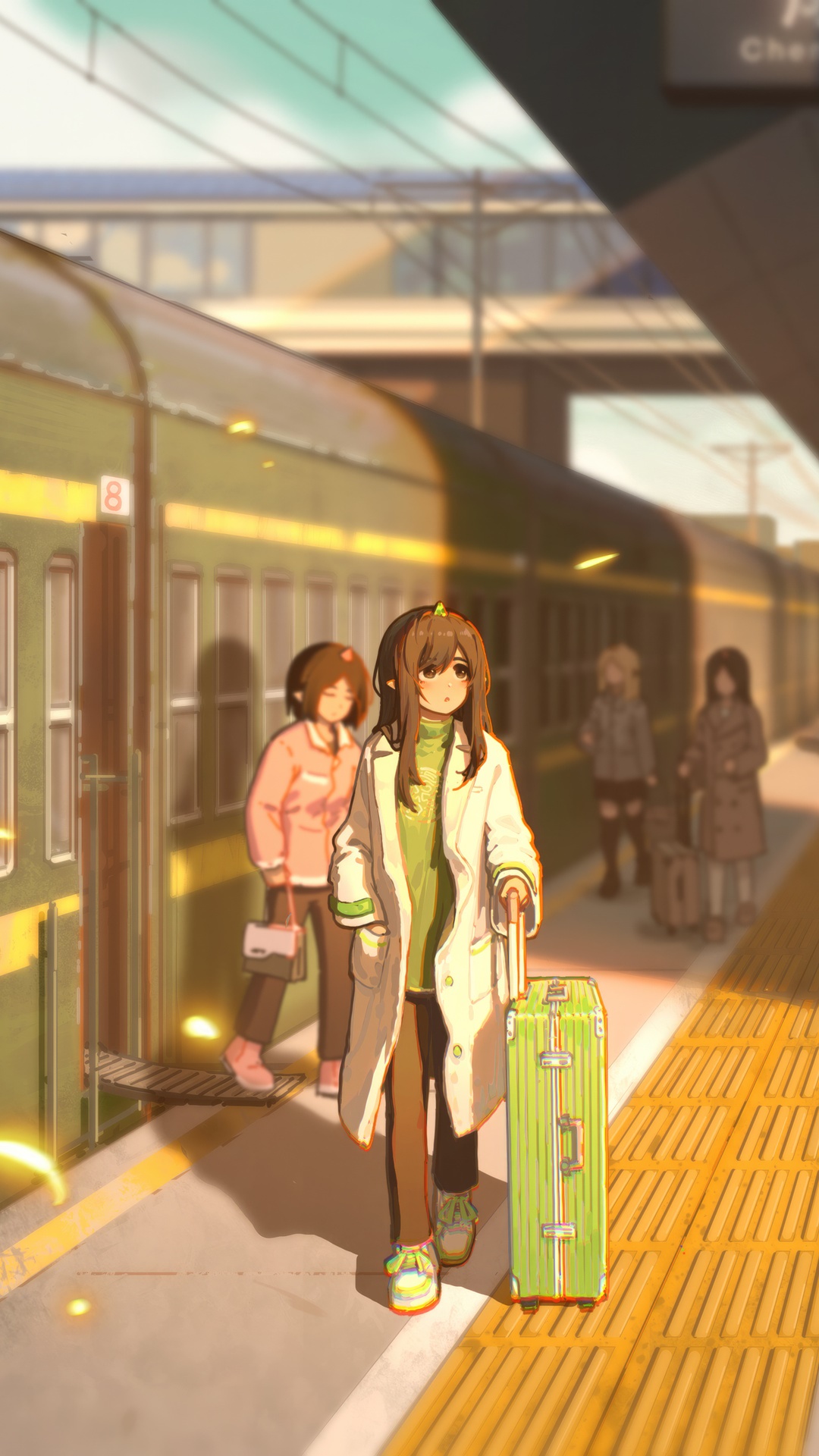 Anime girls at a train station with luggage HD Phone Wallpaper