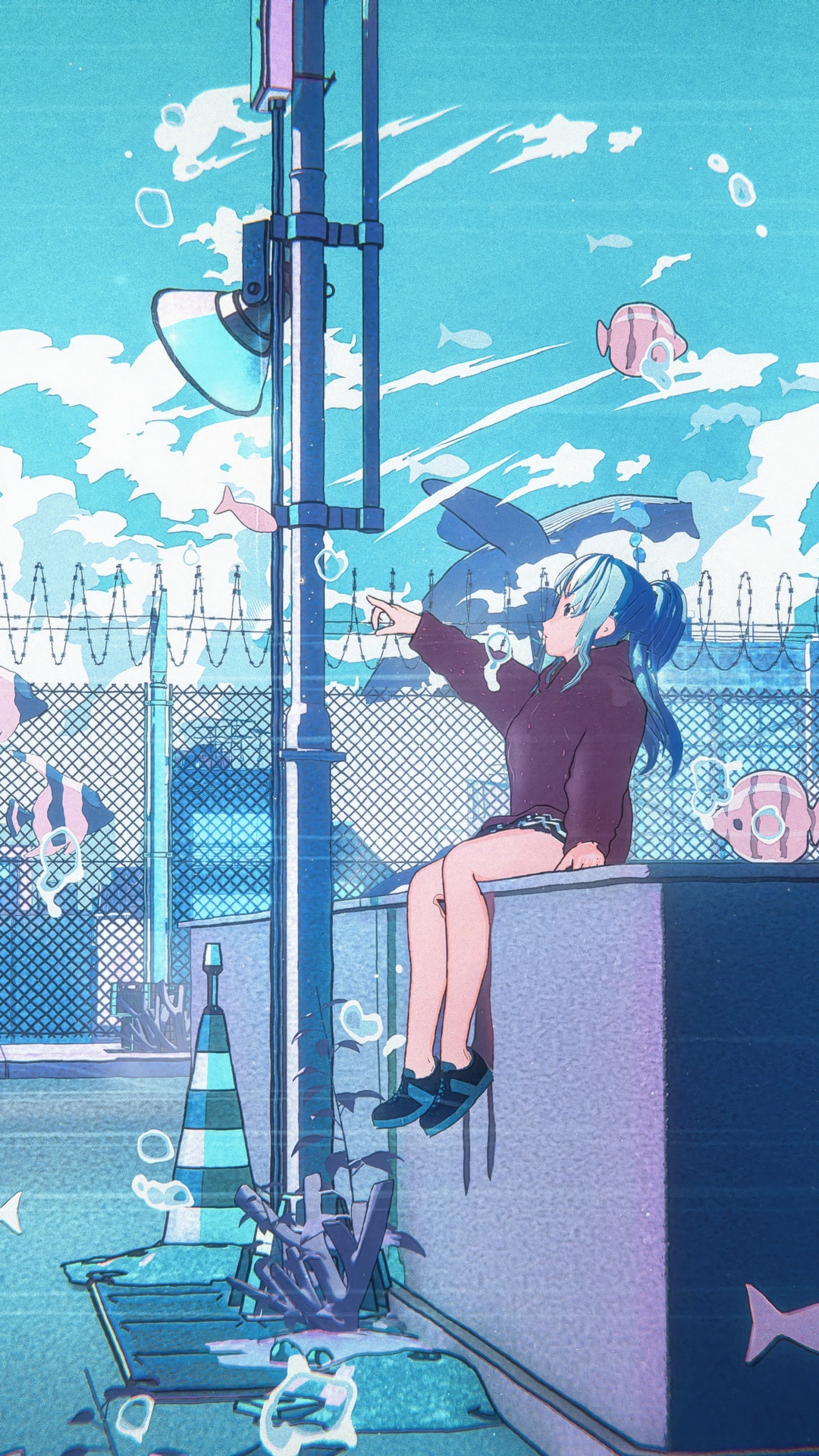 Anime girl sitting on a ledge with fish in the sky HD Phone Wallpaper