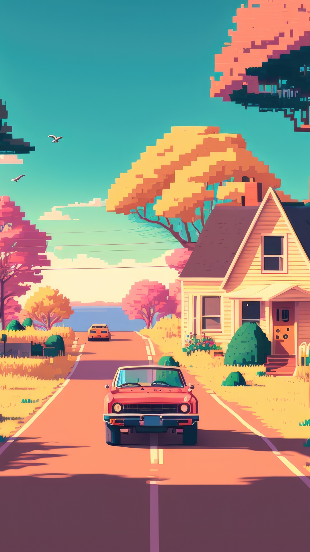 Pixel Art Road Trip with Red Car and House HD Phone Wallpaper