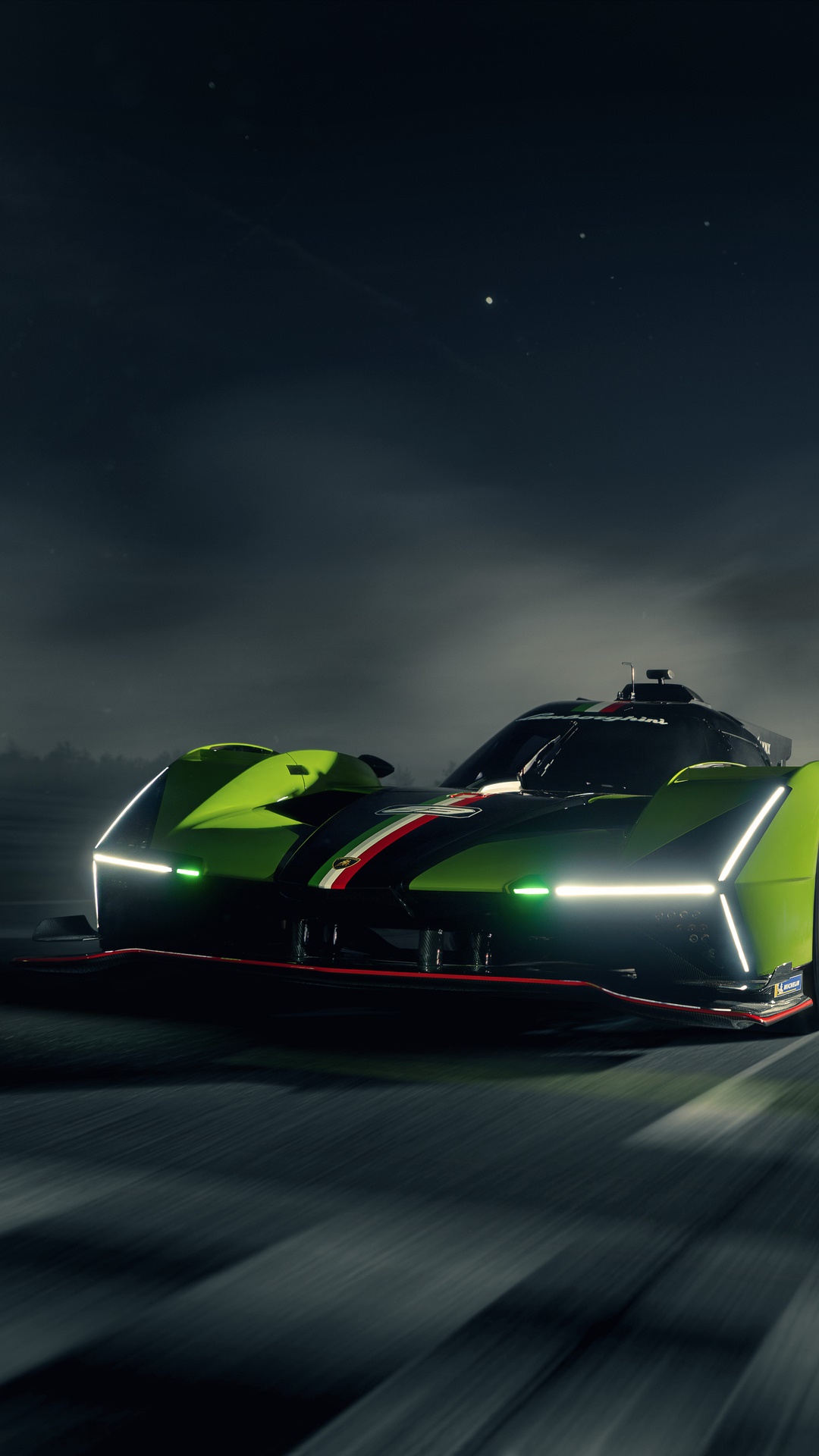 Lamborghini SC63 race car in motion at night HD Phone Wallpaper