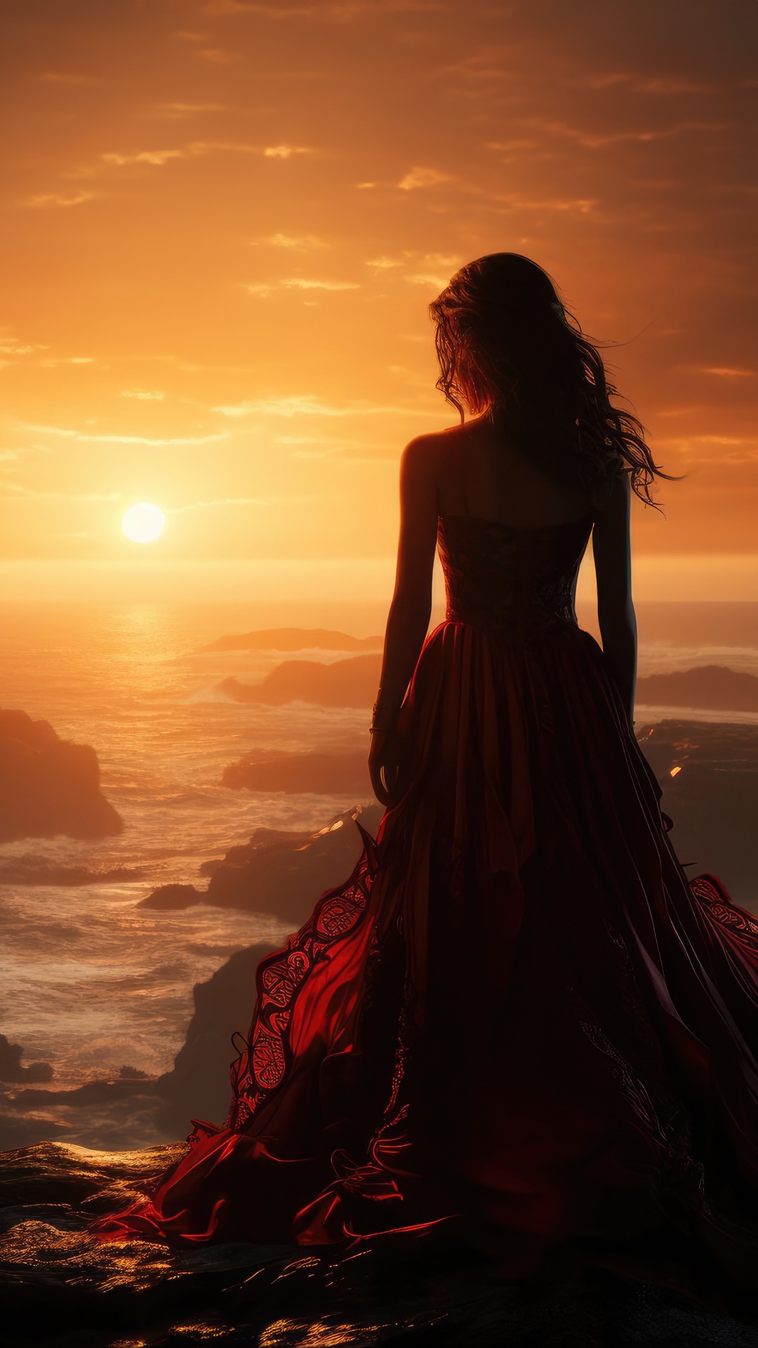 Woman in red dress overlooking the ocean at sunset HD Phone Wallpaper