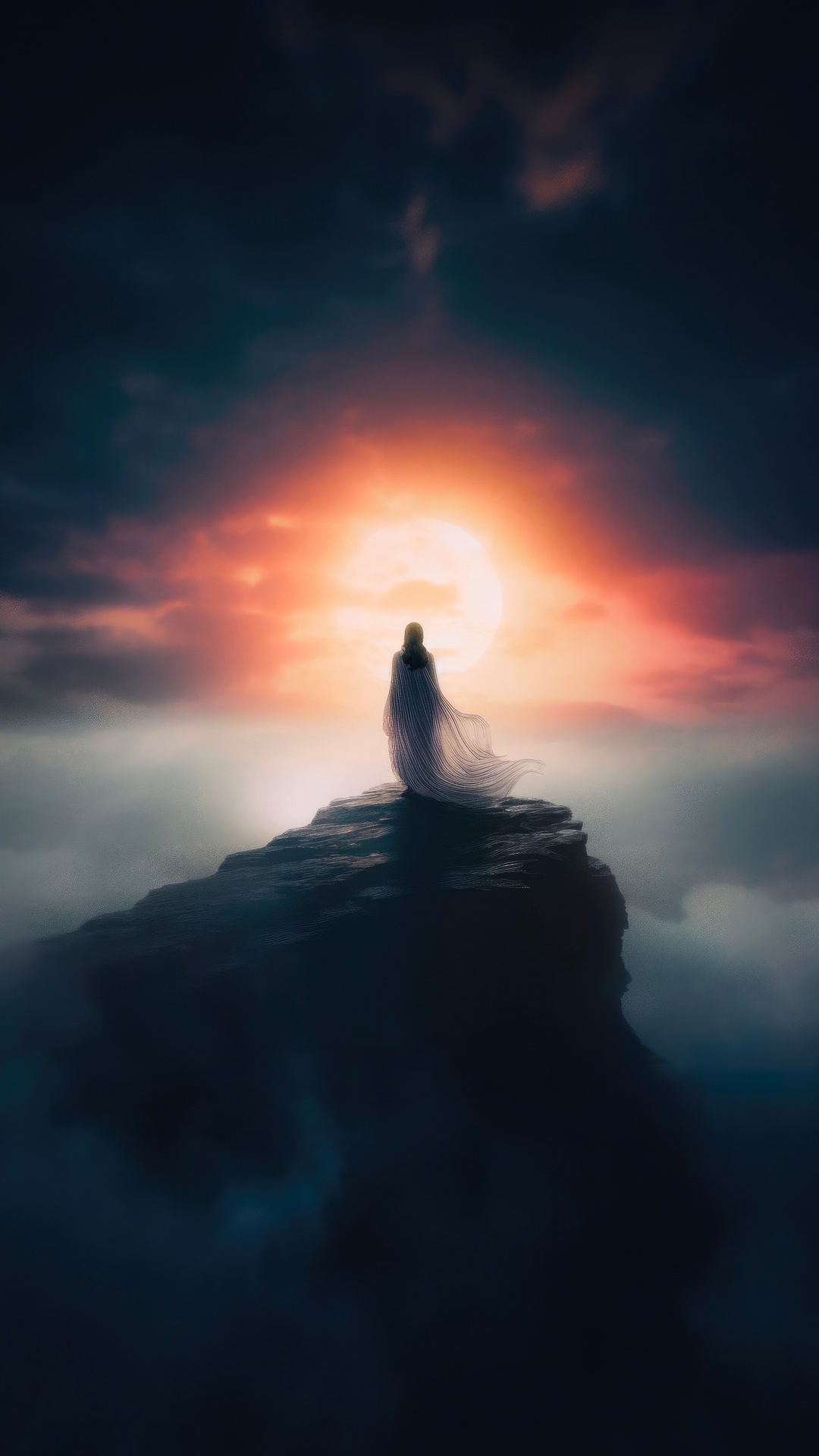 Digital art of a figure on a cliff HD Phone Wallpaper