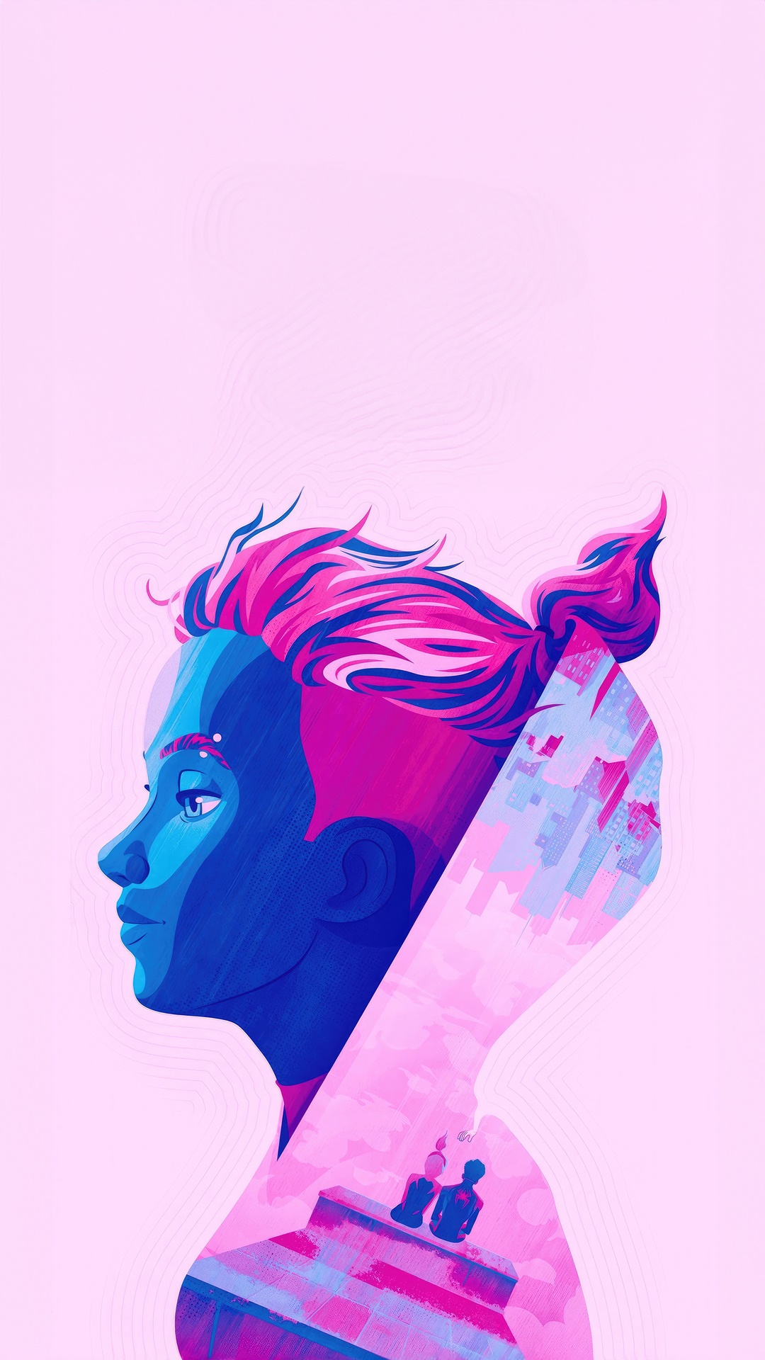Gwen Stacy profile with cityscape and couple HD Phone Wallpaper