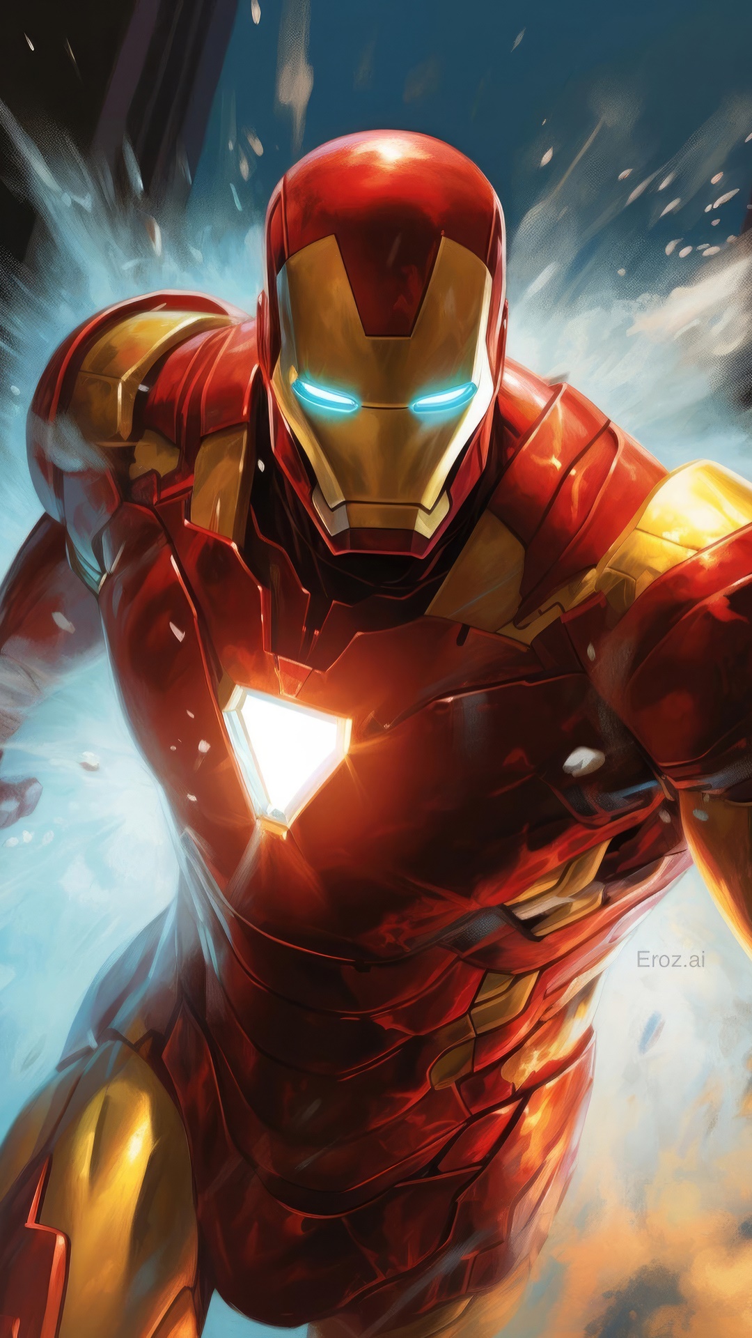Iron Man in a dynamic pose with glowing eyes HD Phone Wallpaper