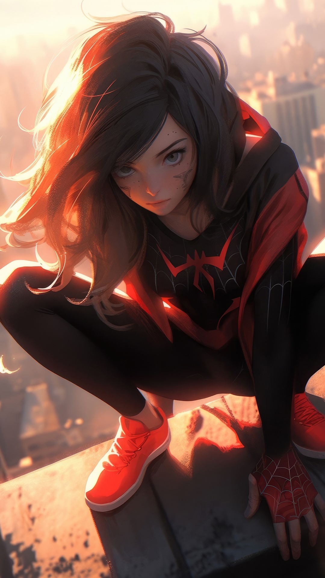 Spider-Man girl crouching on a rooftop HD Phone Wallpaper