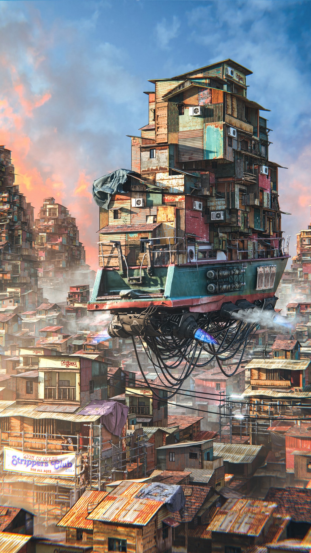 Floating Slum City with a Strippers Club Sign HD Phone Wallpaper