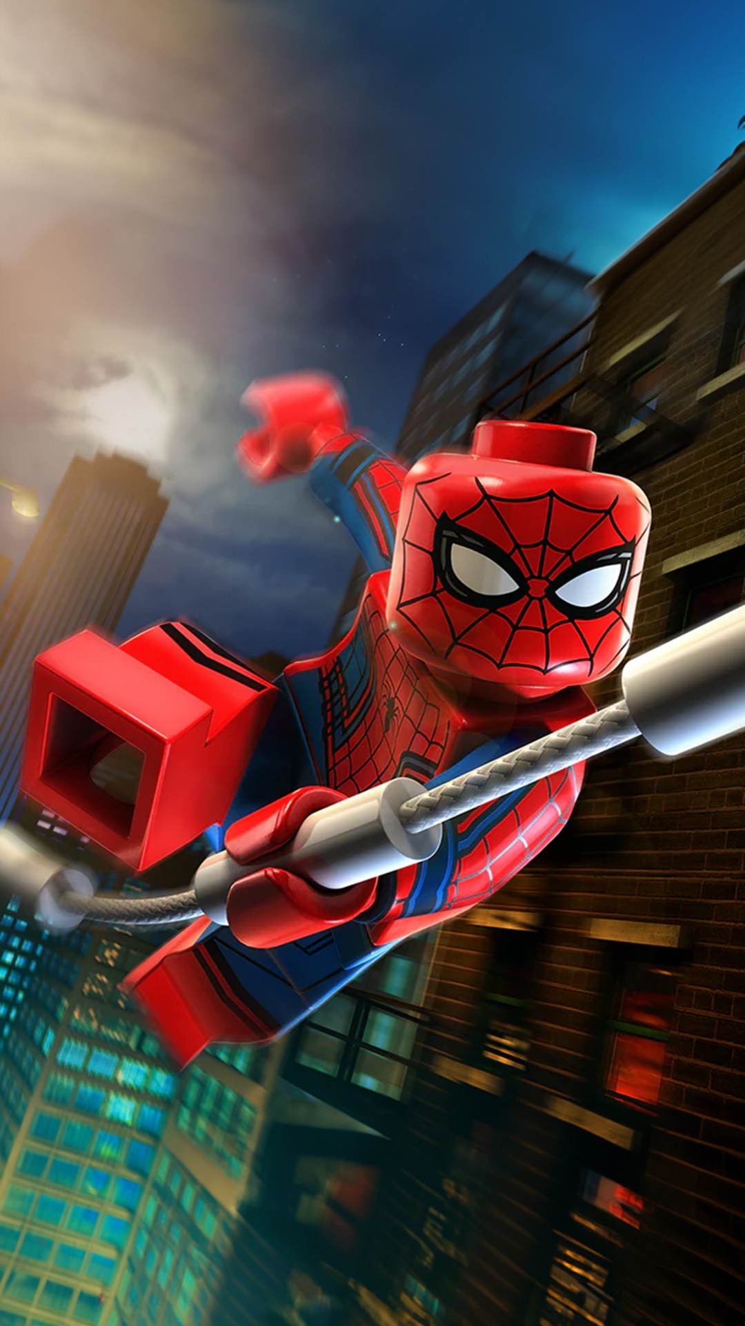 Lego Spiderman swinging through a city HD Phone Wallpaper