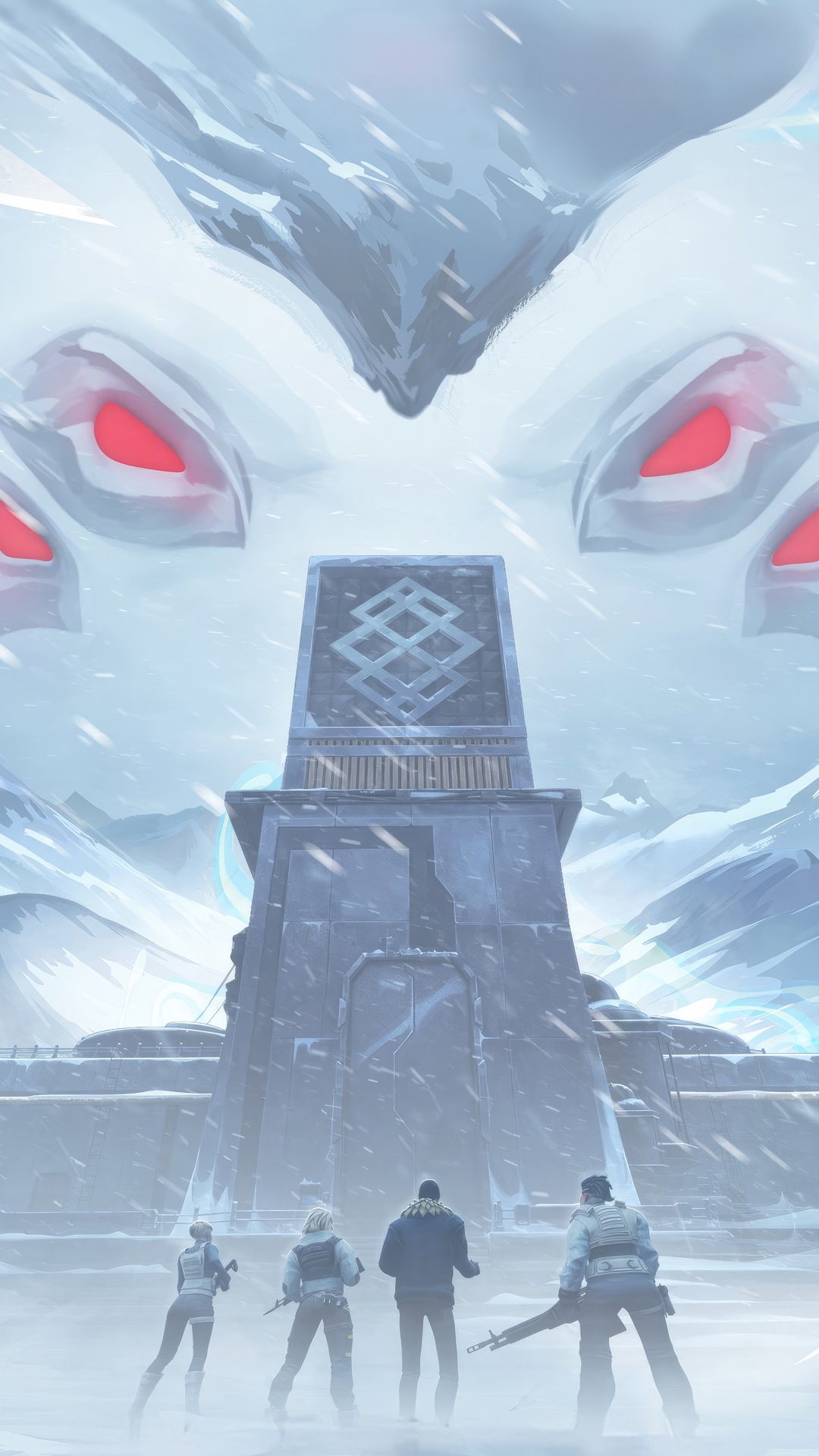 Valorant agents in a snowy landscape with a giant creature HD Phone Wallpaper