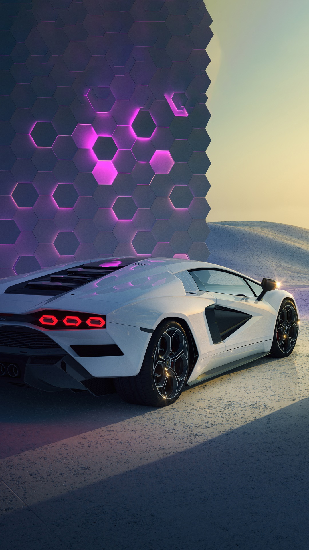 White Lamborghini Countach with Hexagonal Wall HD Phone Wallpaper