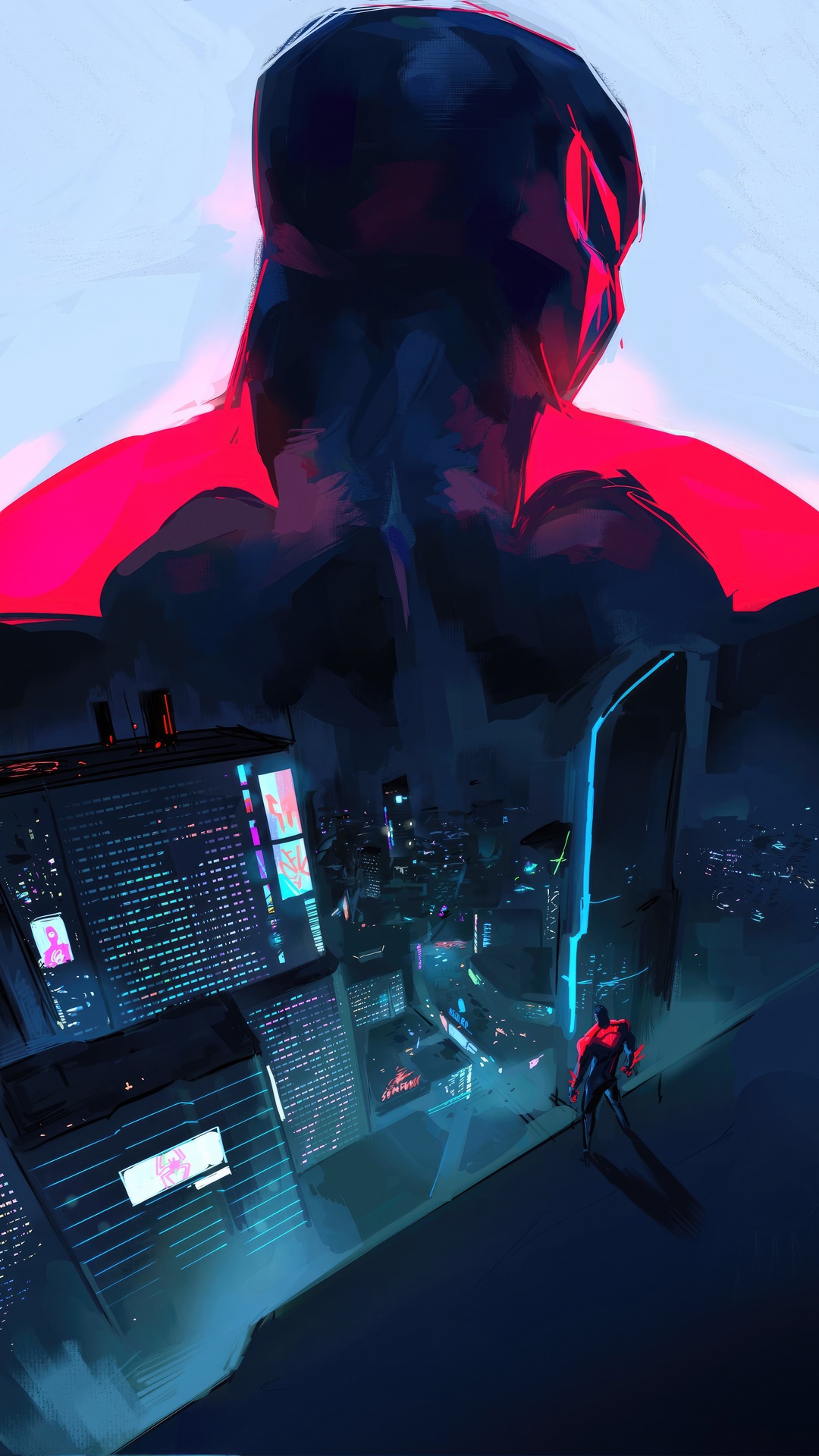 Spider-Man 2099 overlooking a futuristic city HD Phone Wallpaper