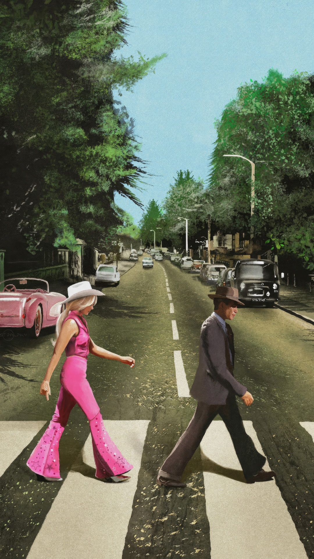 Barbie and Oppenheimer cross the street HD Phone Wallpaper