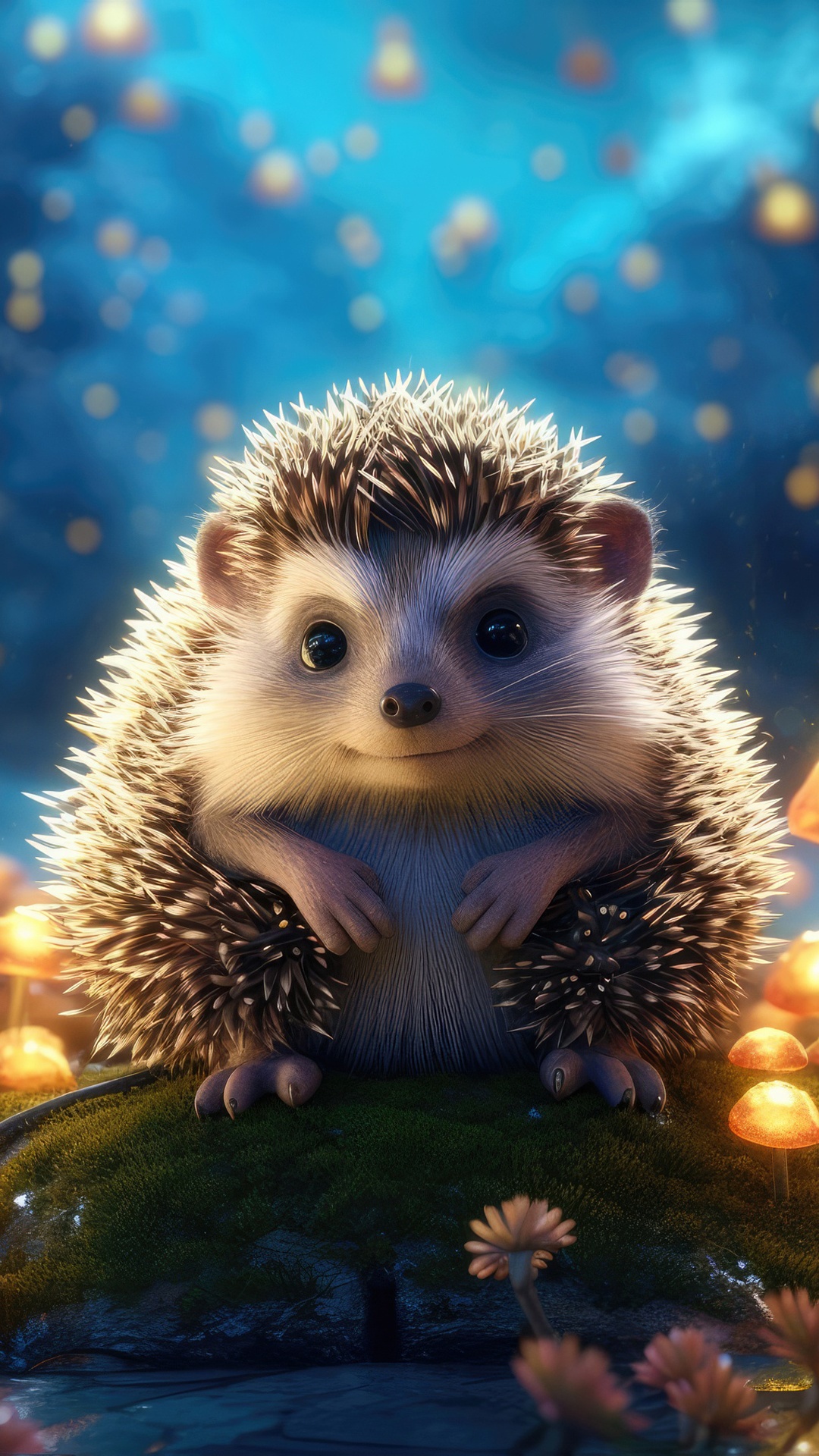 Cute hedgehog in a magical forest at night HD Phone Wallpaper