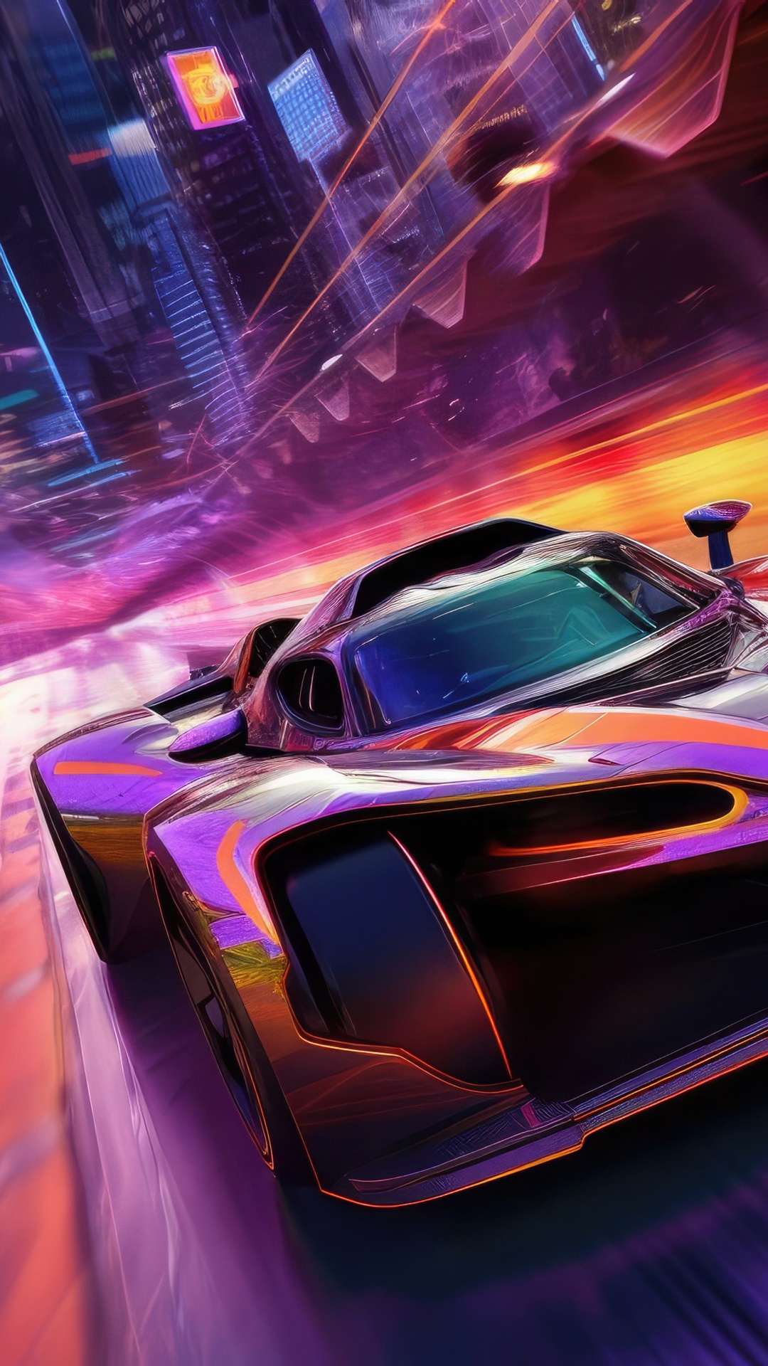 Futuristic race car speeding through a neon city HD Phone Wallpaper