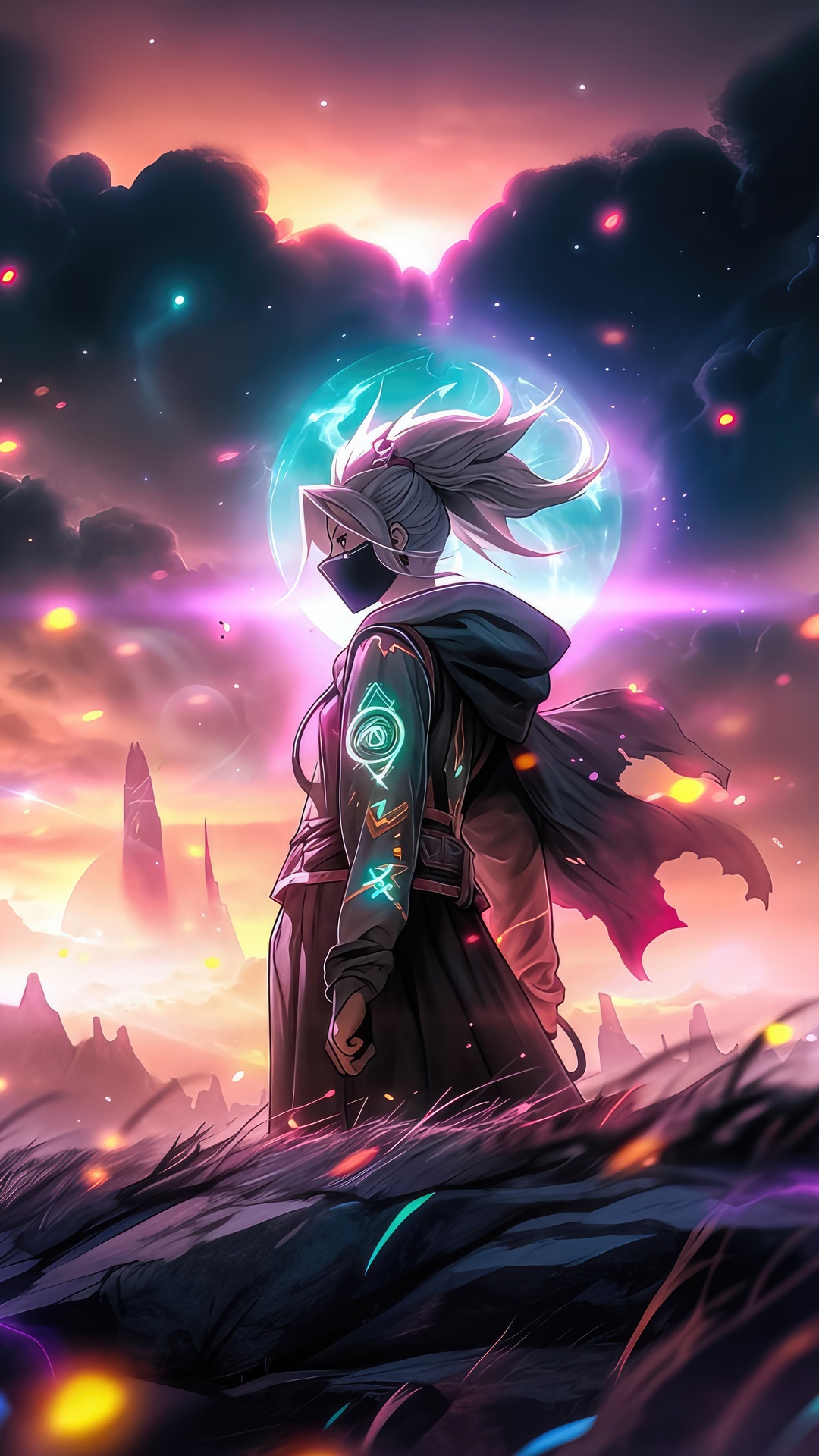 Anime girl with mask and glowing symbols on jacket HD Phone Wallpaper