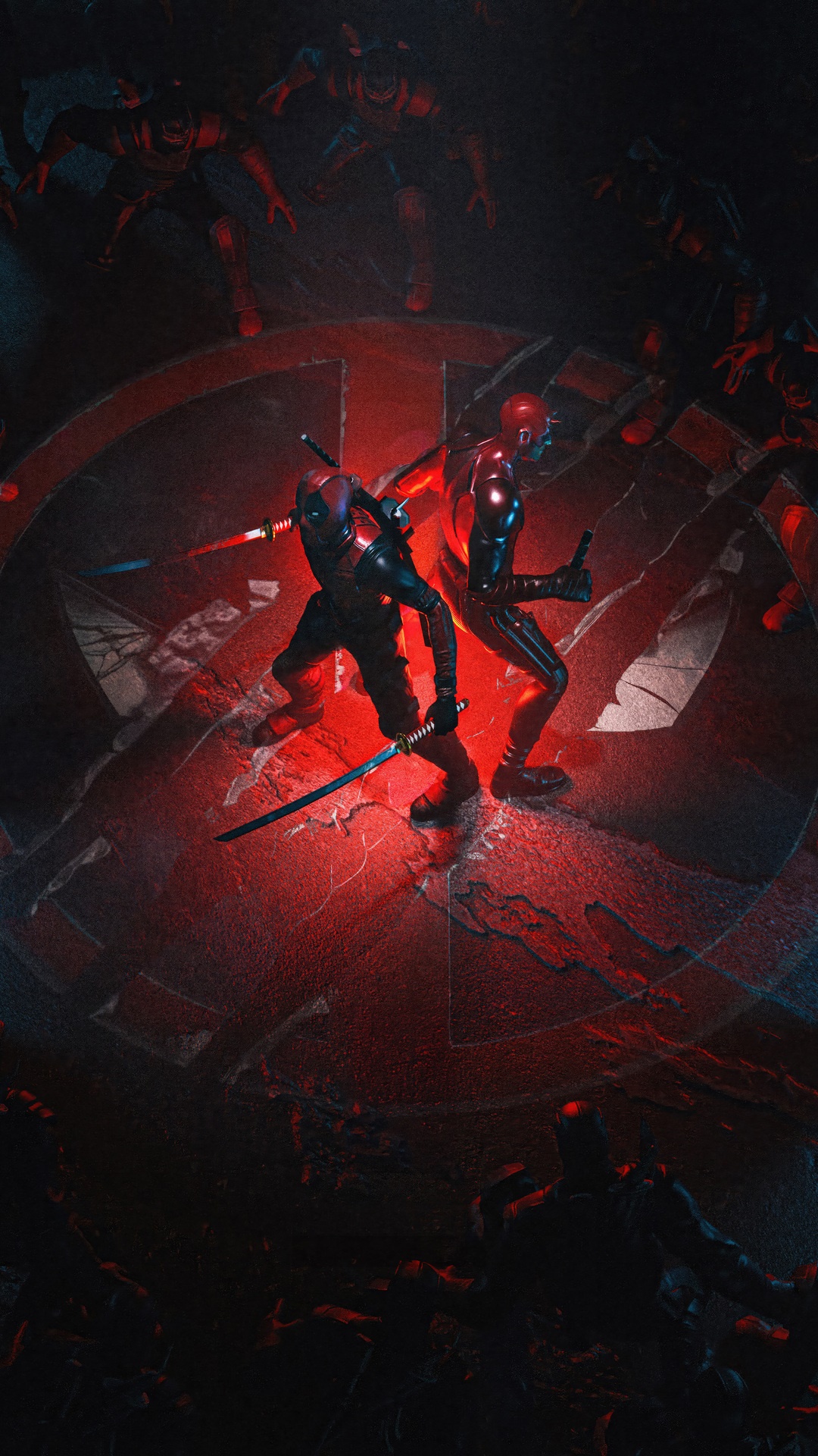 Deadpool and Daredevil in a dark arena HD Phone Wallpaper
