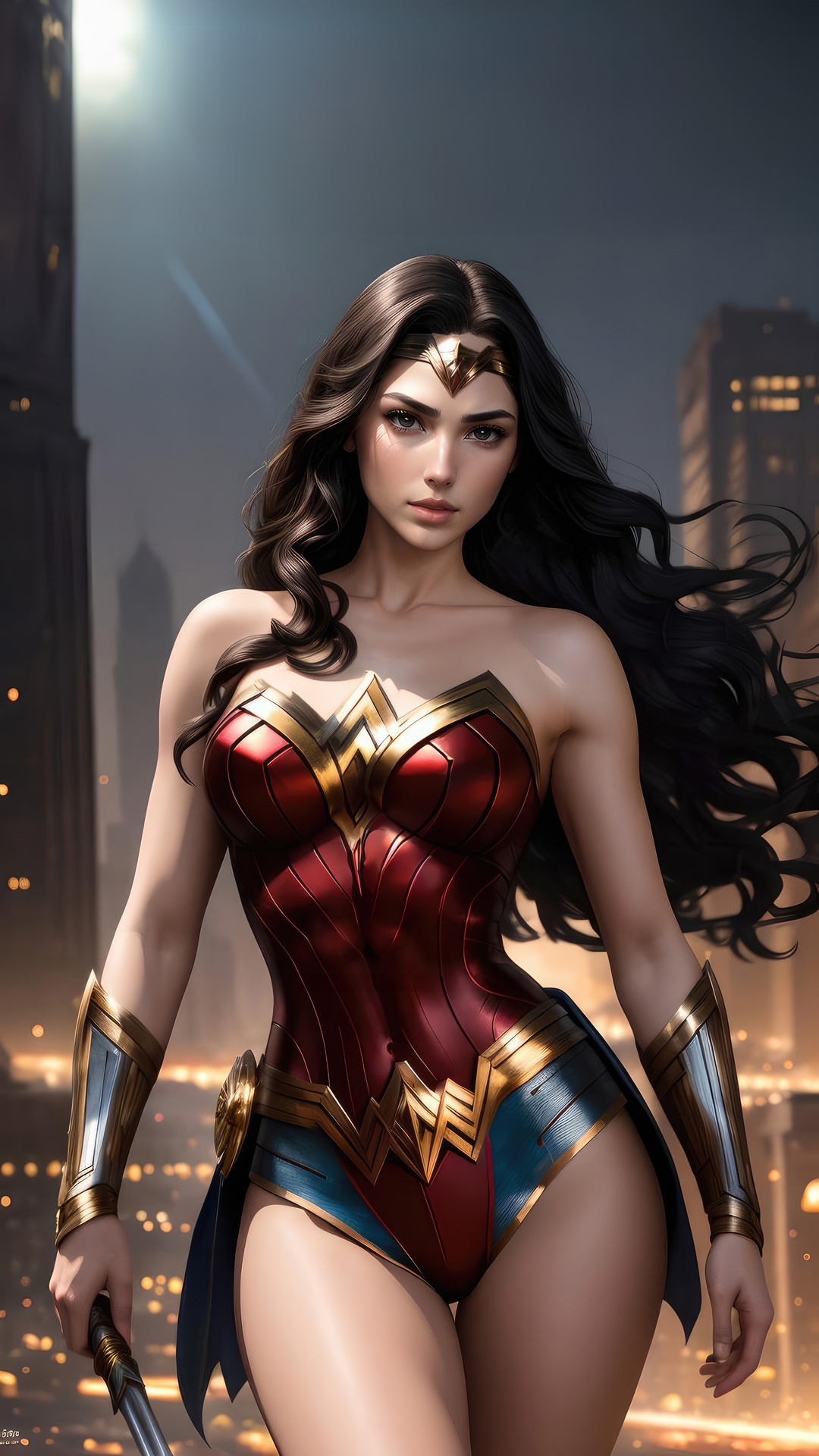 Wonder Woman in a city at night HD Phone Wallpaper