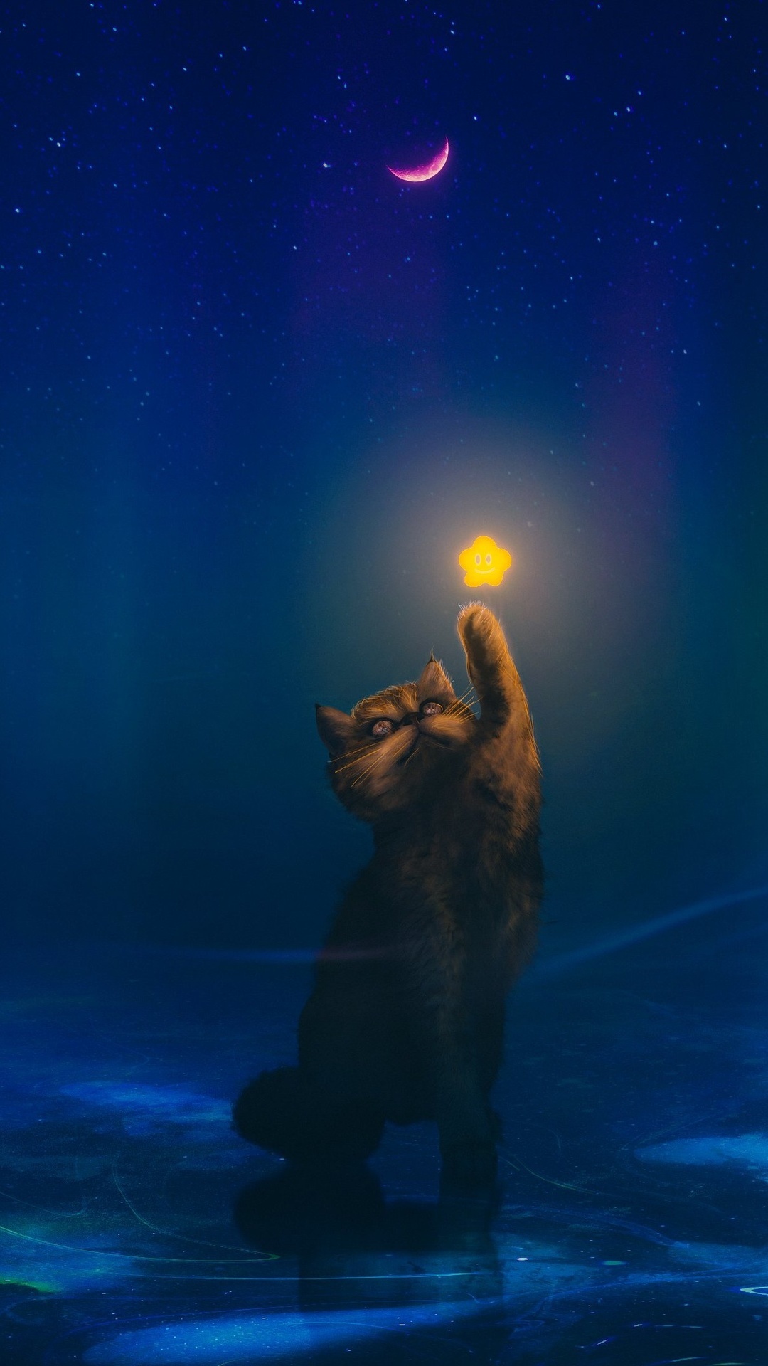 Cat reaching for a glowing star under a crescent moon HD Phone Wallpaper