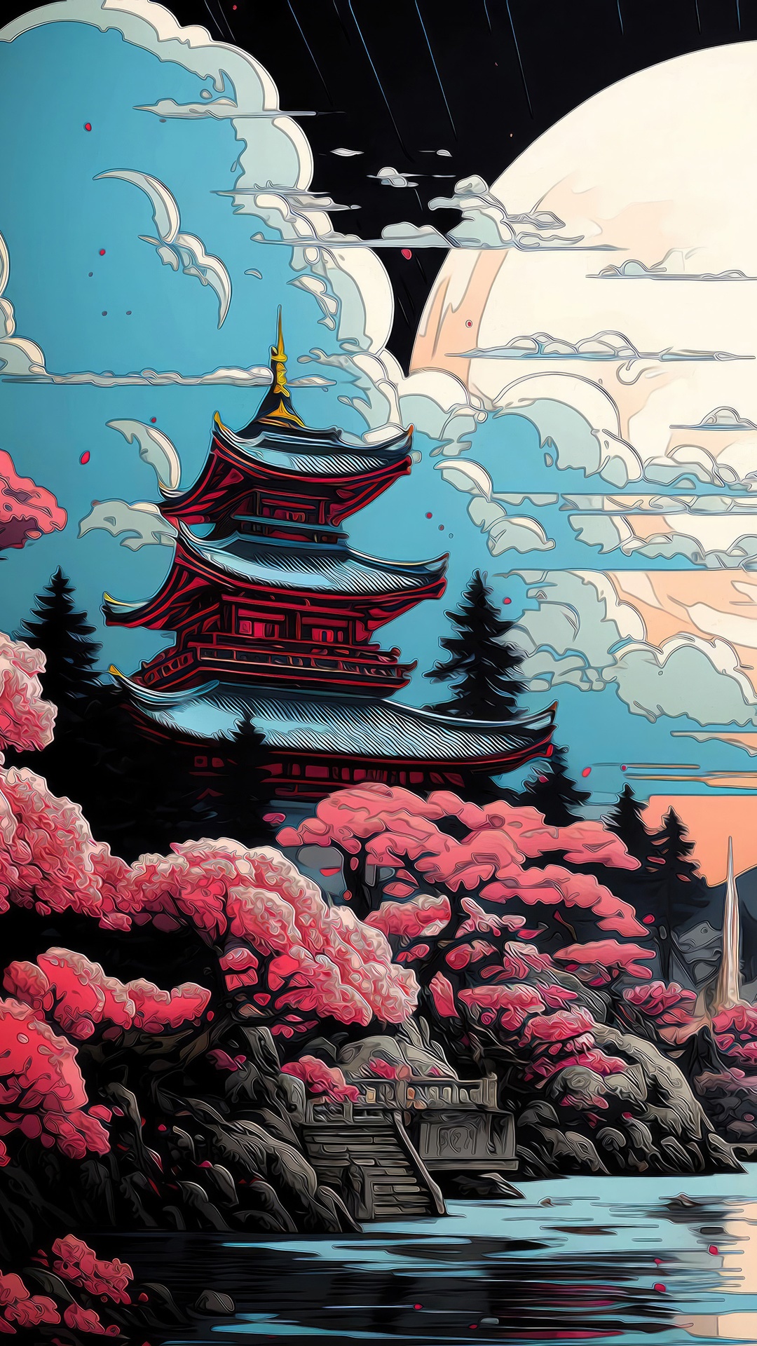 Japanese Pagoda with Cherry Blossoms and Moon HD Phone Wallpaper