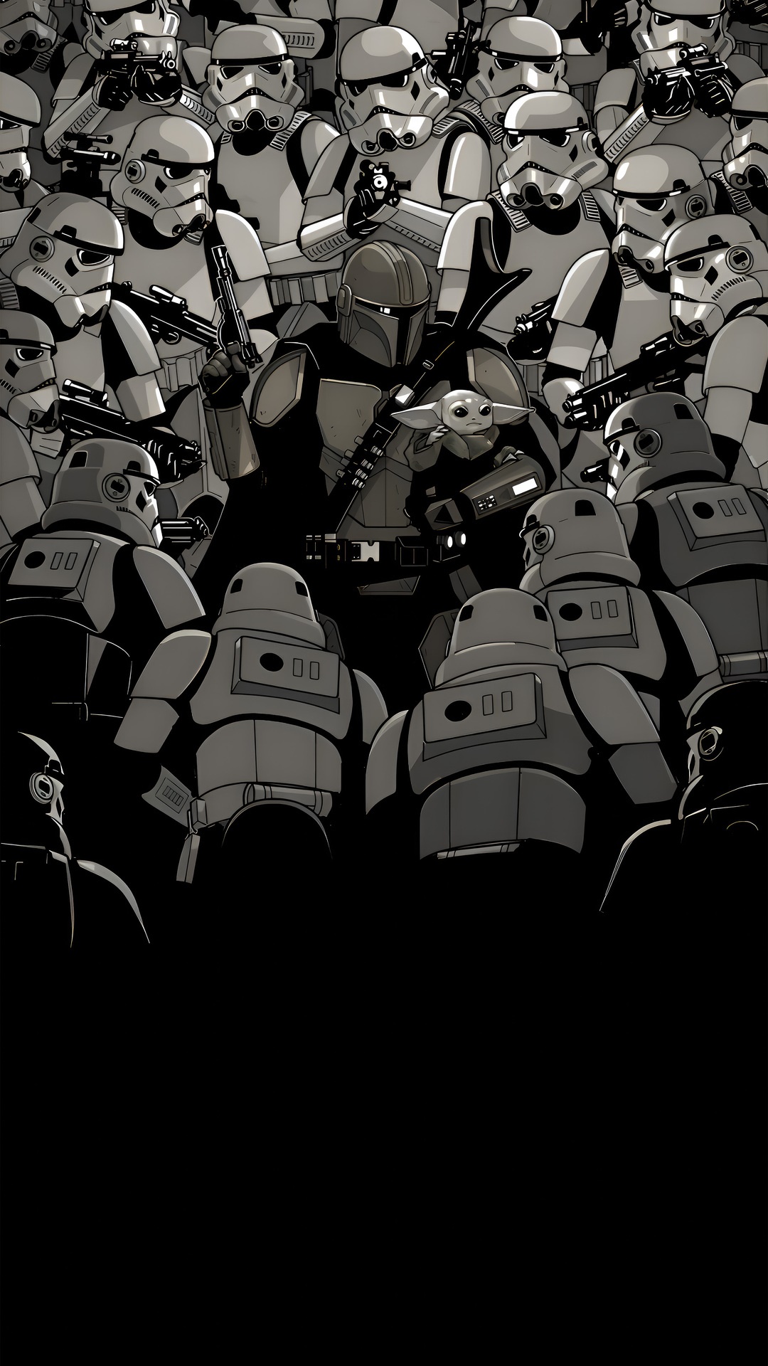 The Mandalorian and Grogu surrounded by Stormtroopers HD Phone Wallpaper