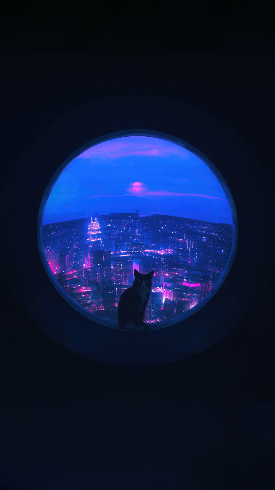Cat looking at a neon city at night through a window HD Phone Wallpaper