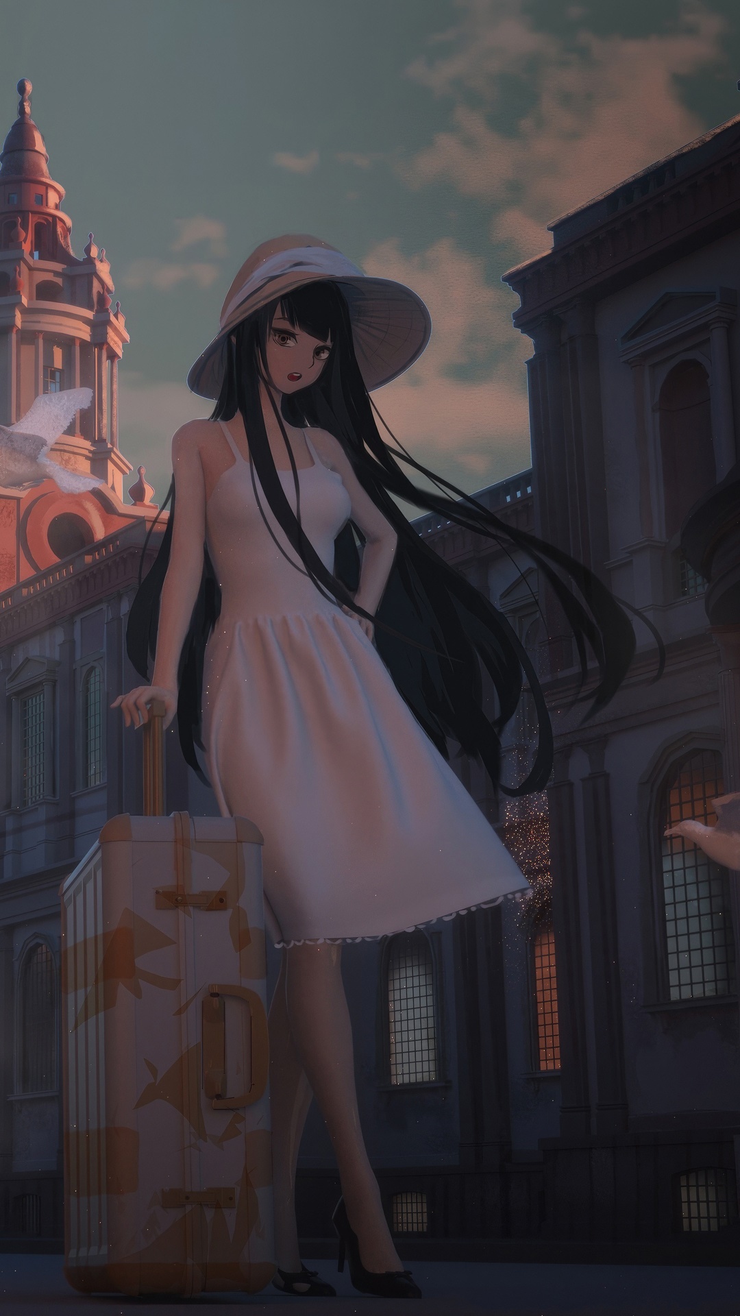 Anime girl with a suitcase and a hat HD Phone Wallpaper