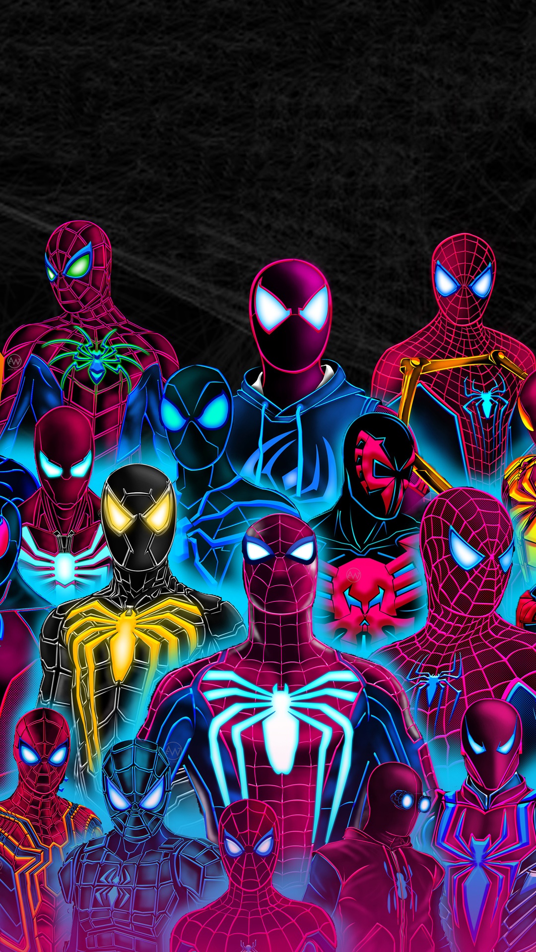 Artwork of multiple Spiderman characters in neon colors HD Phone Wallpaper