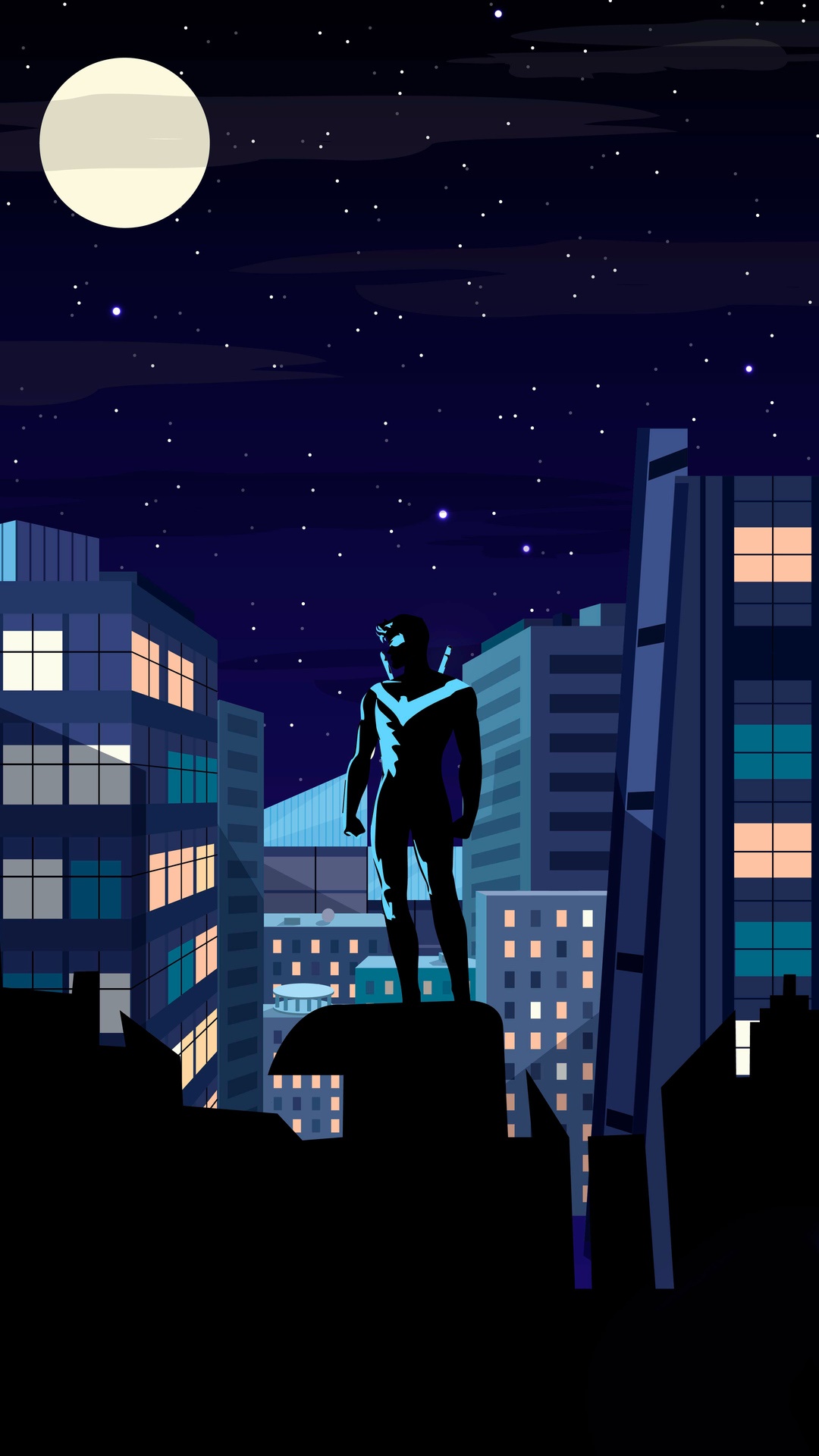 Nightwing stands on a rooftop under a starry night sky HD Phone Wallpaper