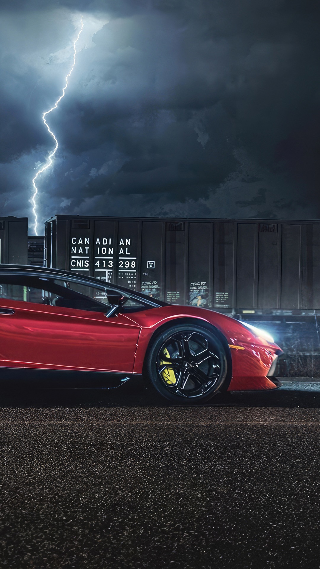 Red Lamborghini Aventador near Canadian National train HD Phone Wallpaper