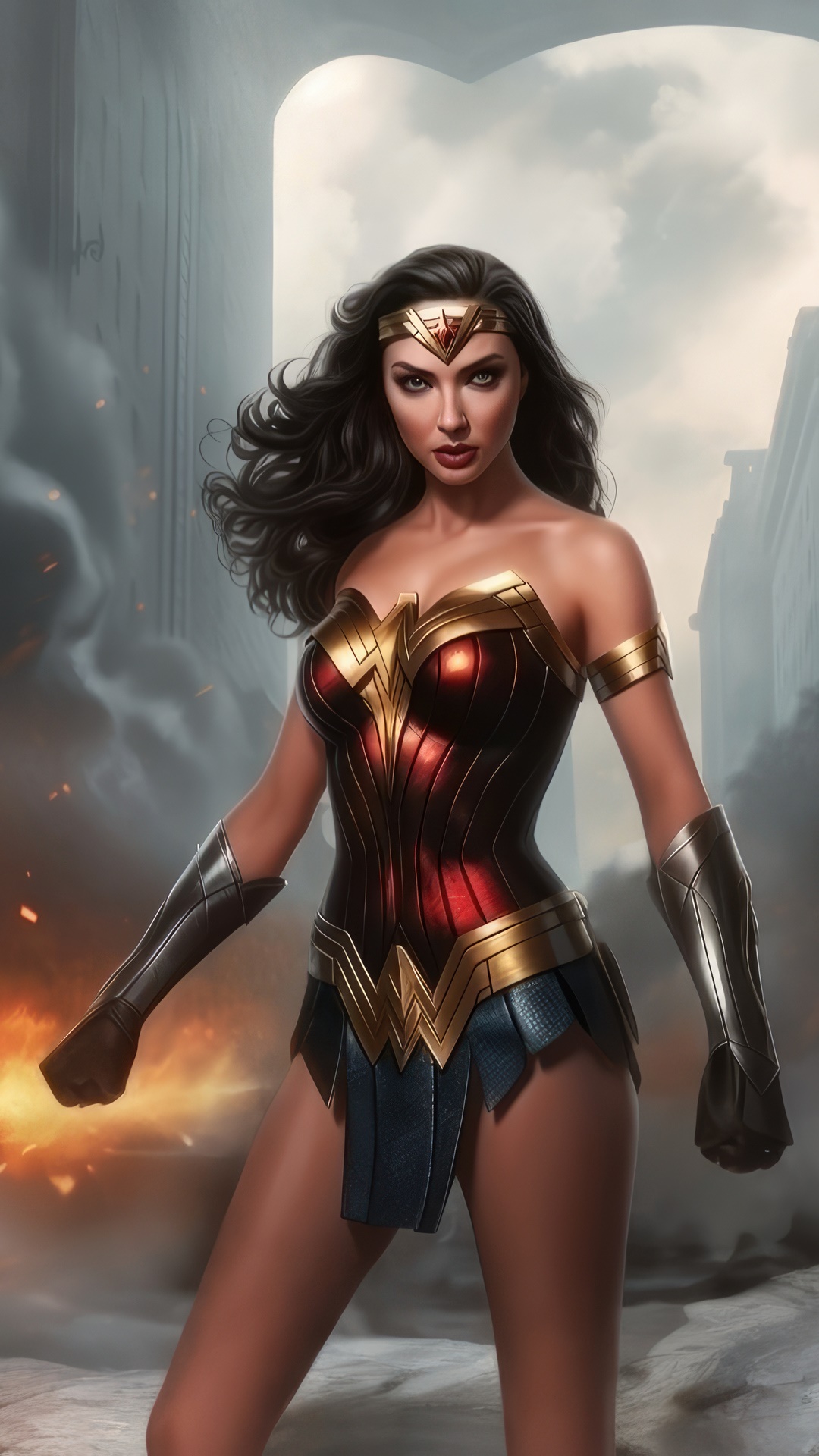 Wonder Woman in a battle-torn city HD Phone Wallpaper