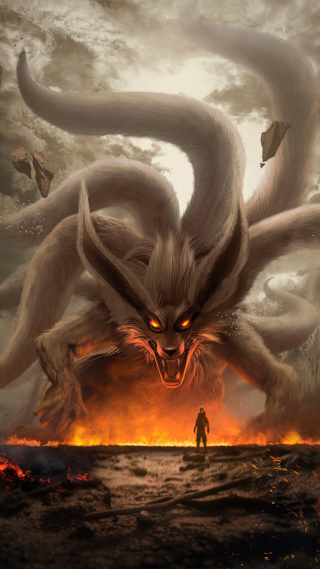 Kurama the Nine-Tailed Fox confronts a lone figure HD Phone Wallpaper