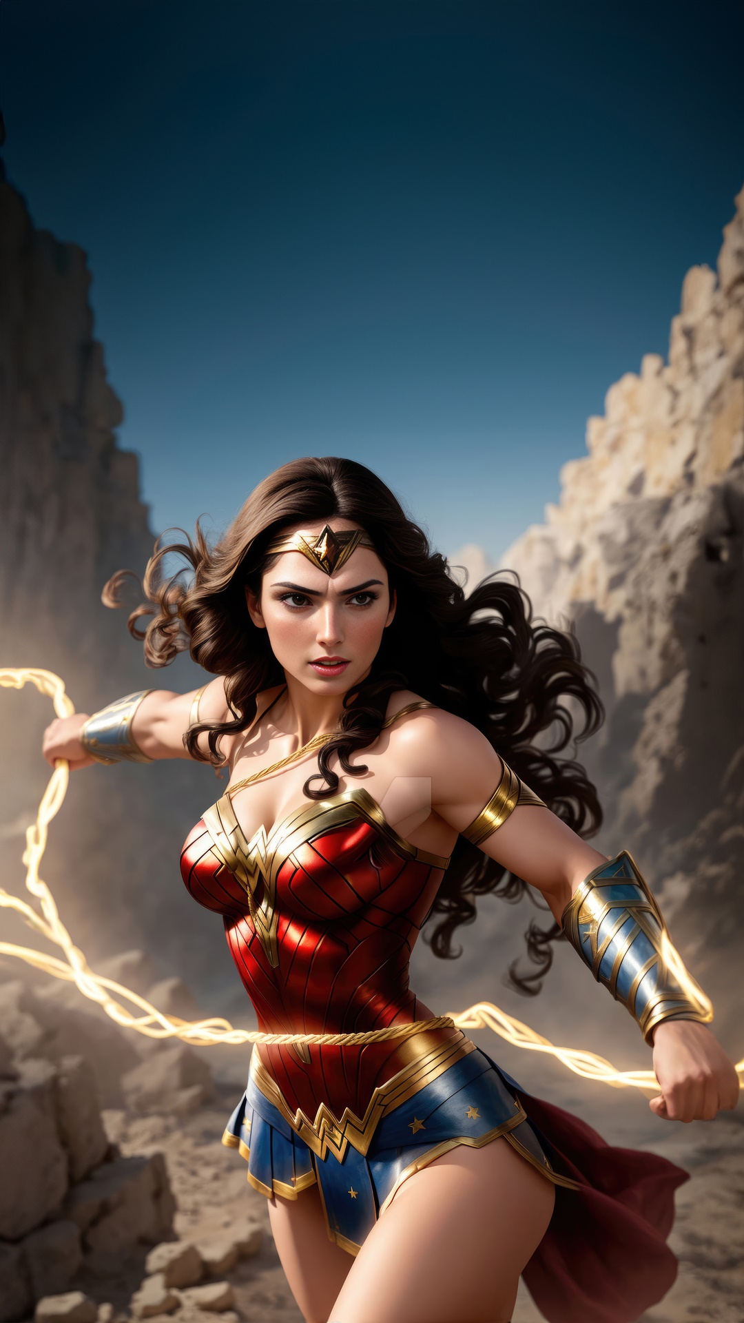 Wonder Woman with Lasso of Truth in rocky terrain HD Phone Wallpaper
