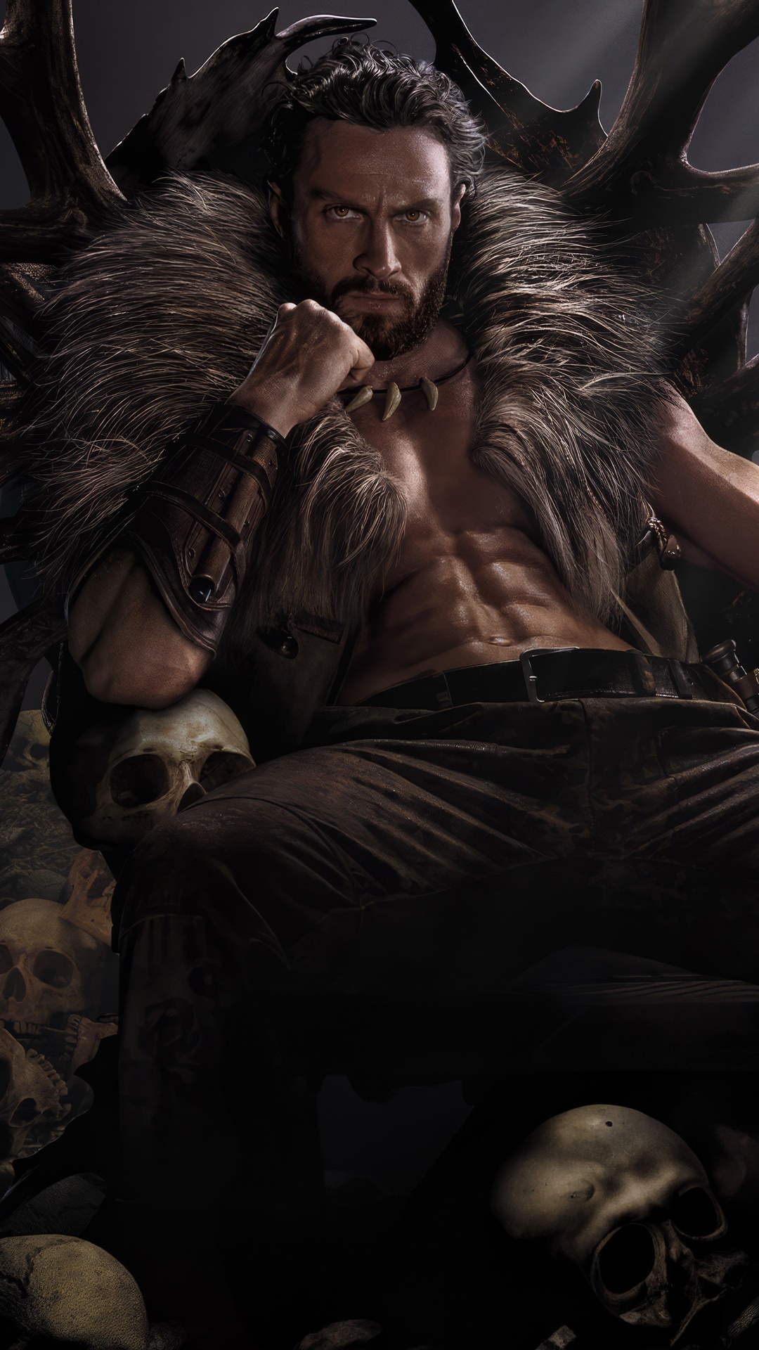 Kraven the Hunter sitting on a throne of skulls and antlers HD Phone Wallpaper