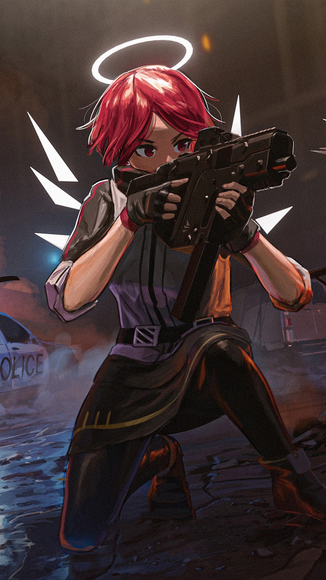 Artwork of a girl with a gun and halo HD Phone Wallpaper