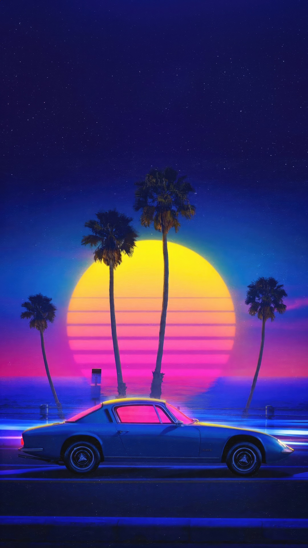 Synthwave artwork of a retro car and palm trees HD Phone Wallpaper