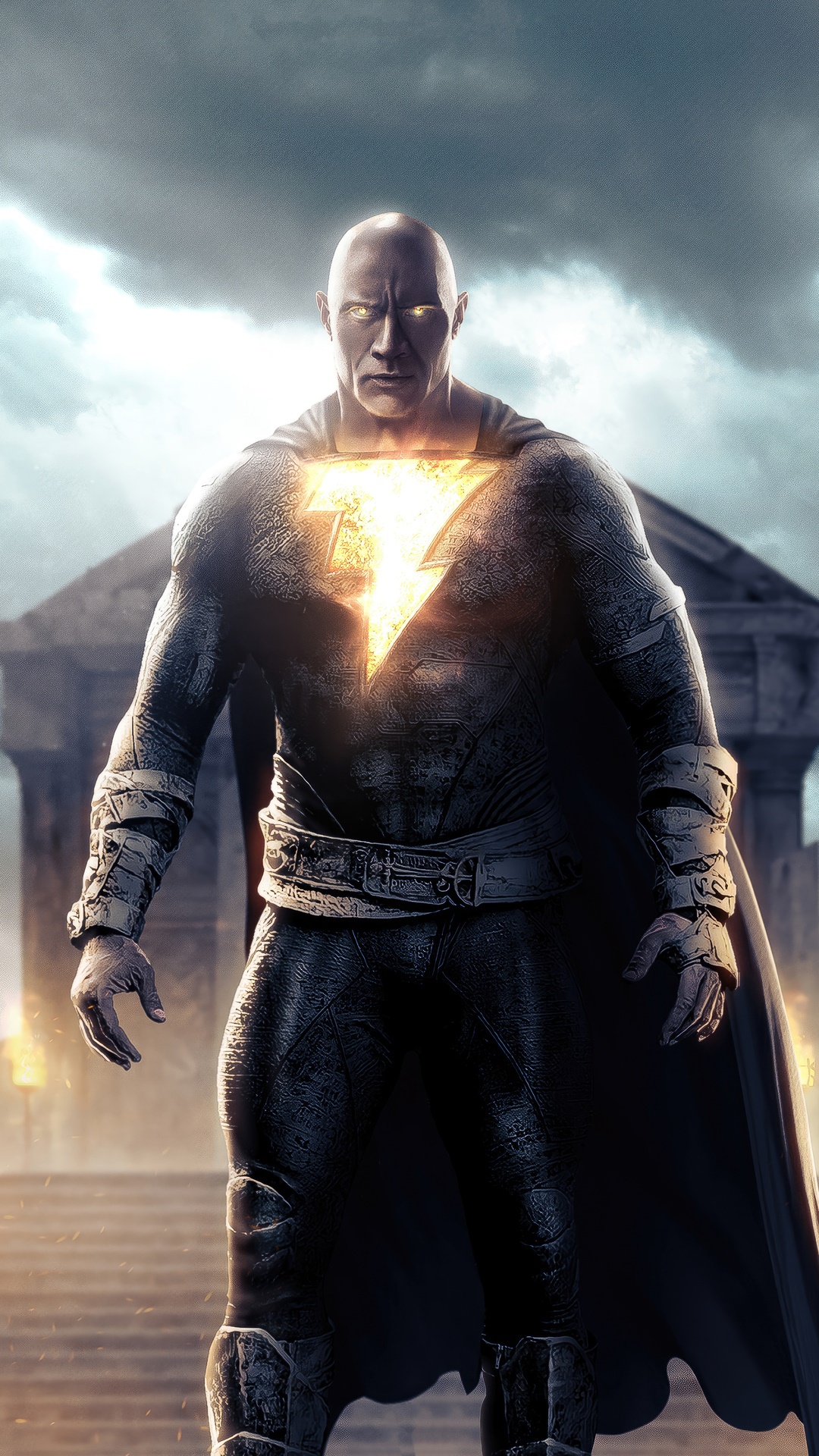 Black Adam with glowing lightning symbol HD Phone Wallpaper