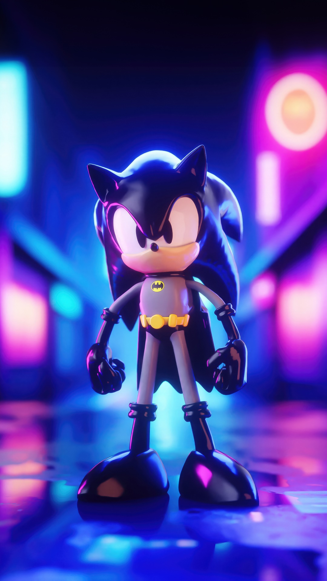 Sonic the Hedgehog as Batman in a neon city HD Phone Wallpaper