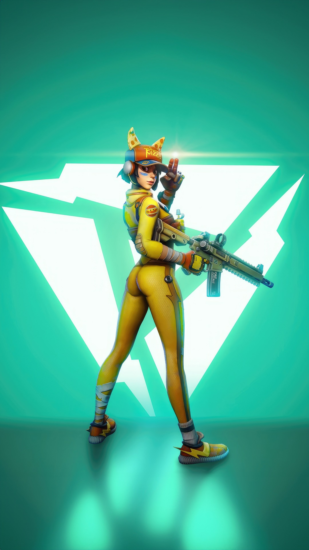 Farlight 84 character with pizza hat and rifle HD Phone Wallpaper