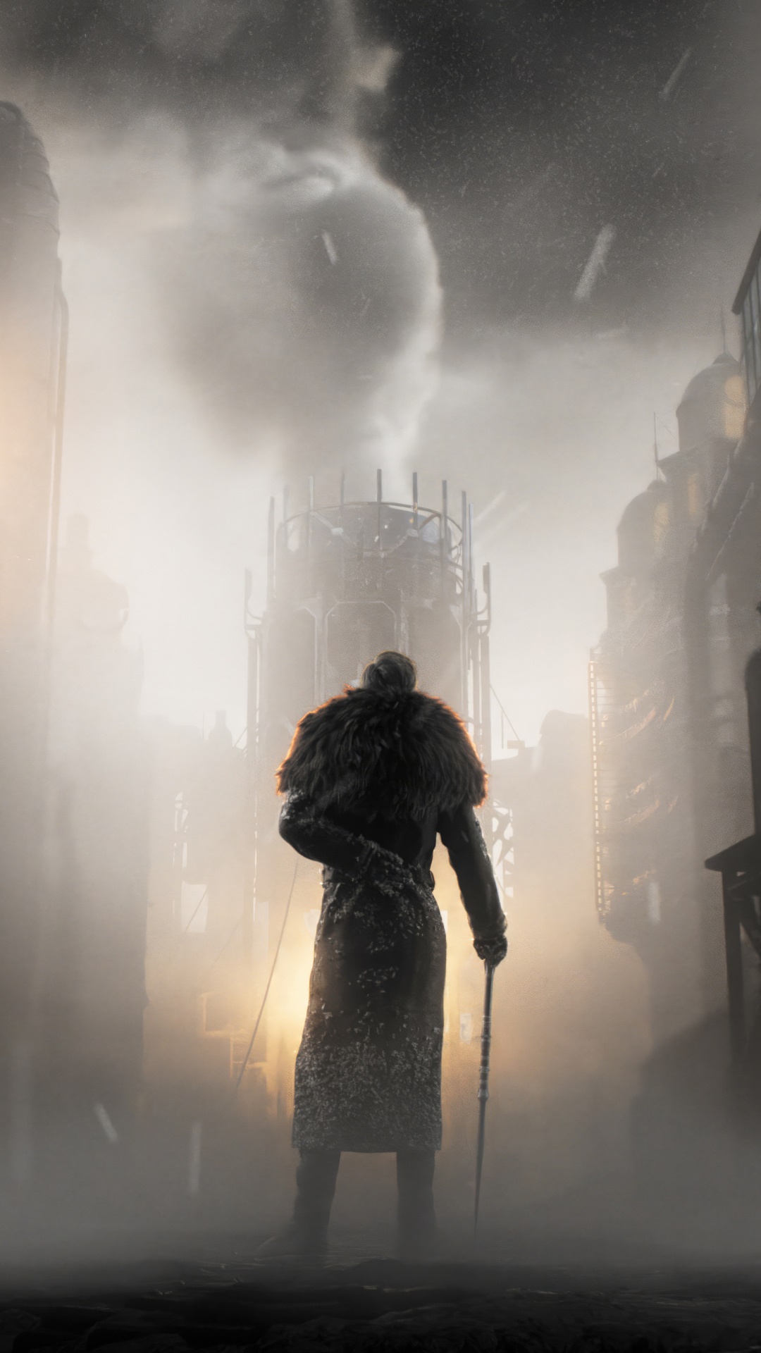 Frostpunk 2 character in a snowy city HD Phone Wallpaper