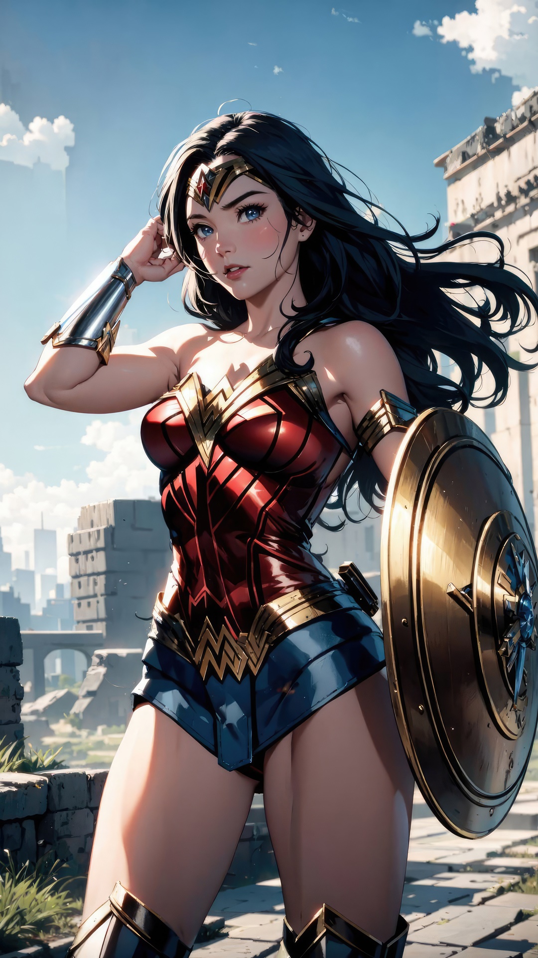 Wonder Woman in a city with ancient ruins HD Phone Wallpaper
