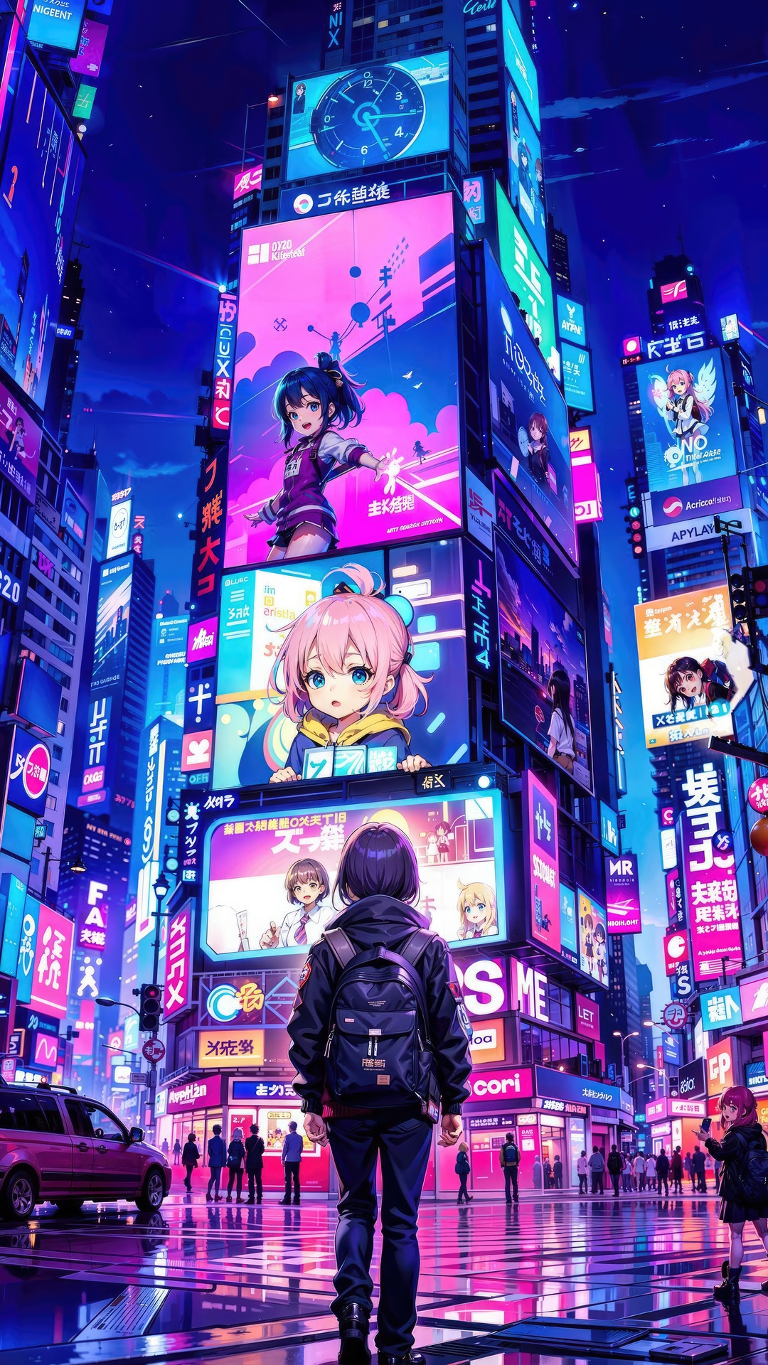 Anime characters on a neon-lit city street HD Phone Wallpaper