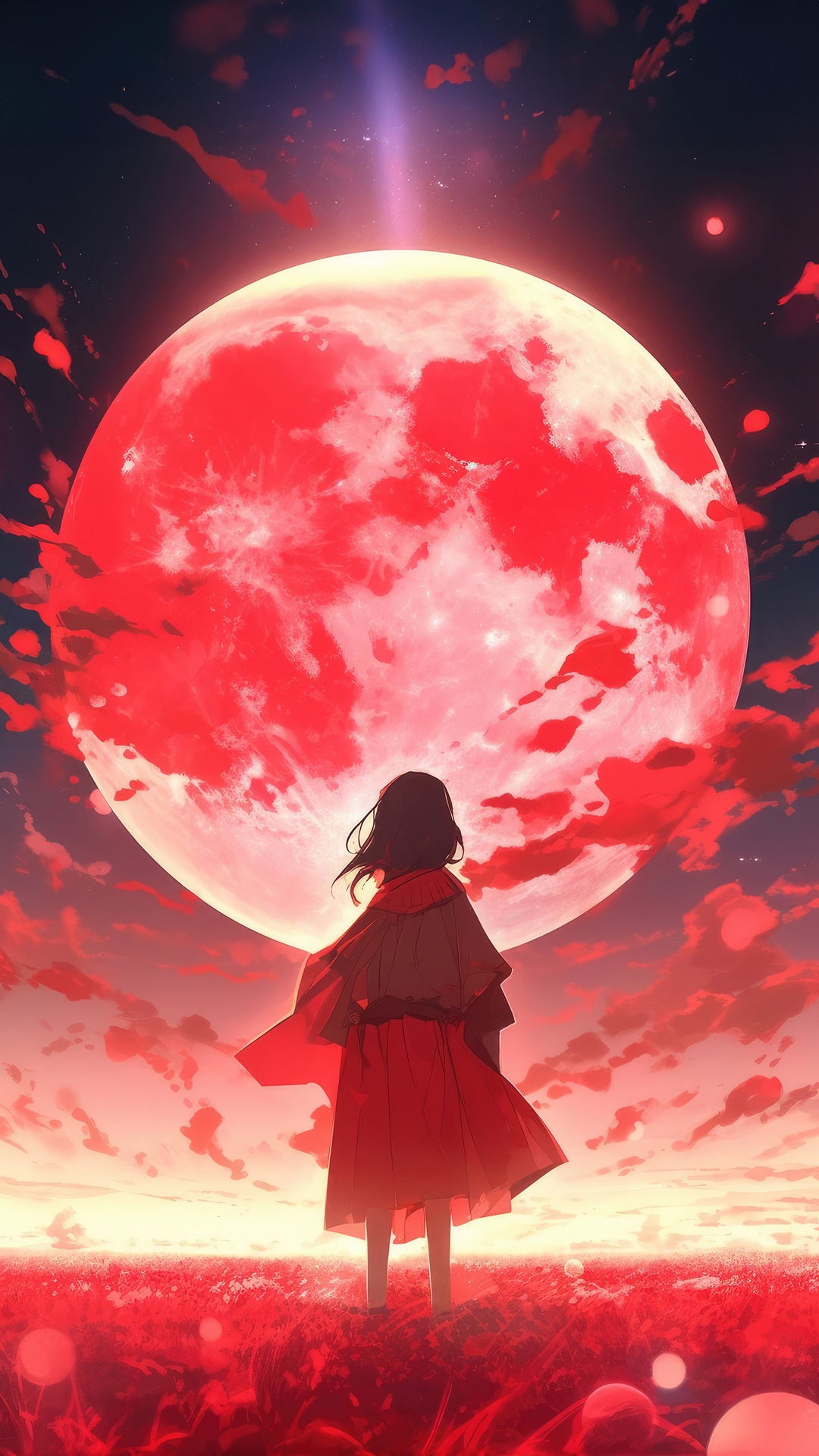 Anime girl in red dress under a giant red moon HD Phone Wallpaper